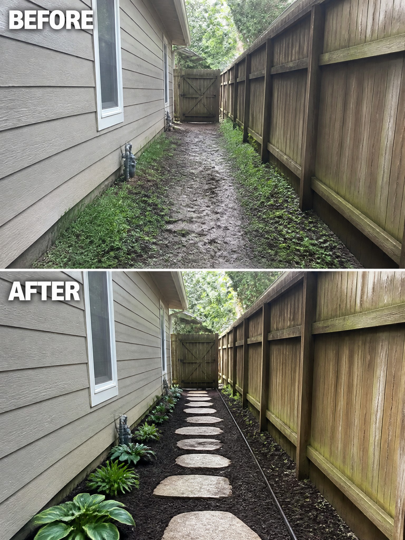 Before-and-after views of side yard path with stepping stones, mulch, and plants.