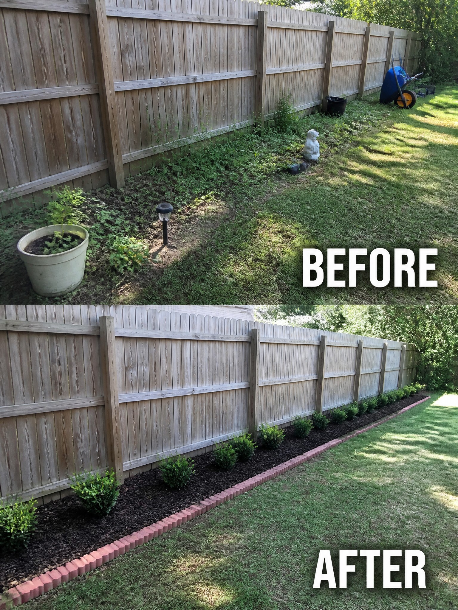 Before and after of wooden fence with weeds replaced by mulched shrubs and brick border