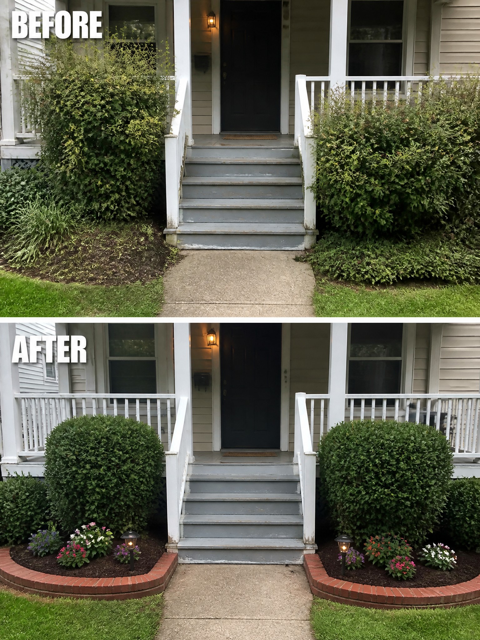 Before and after of porch steps with trimmed bushes and brick flower beds.