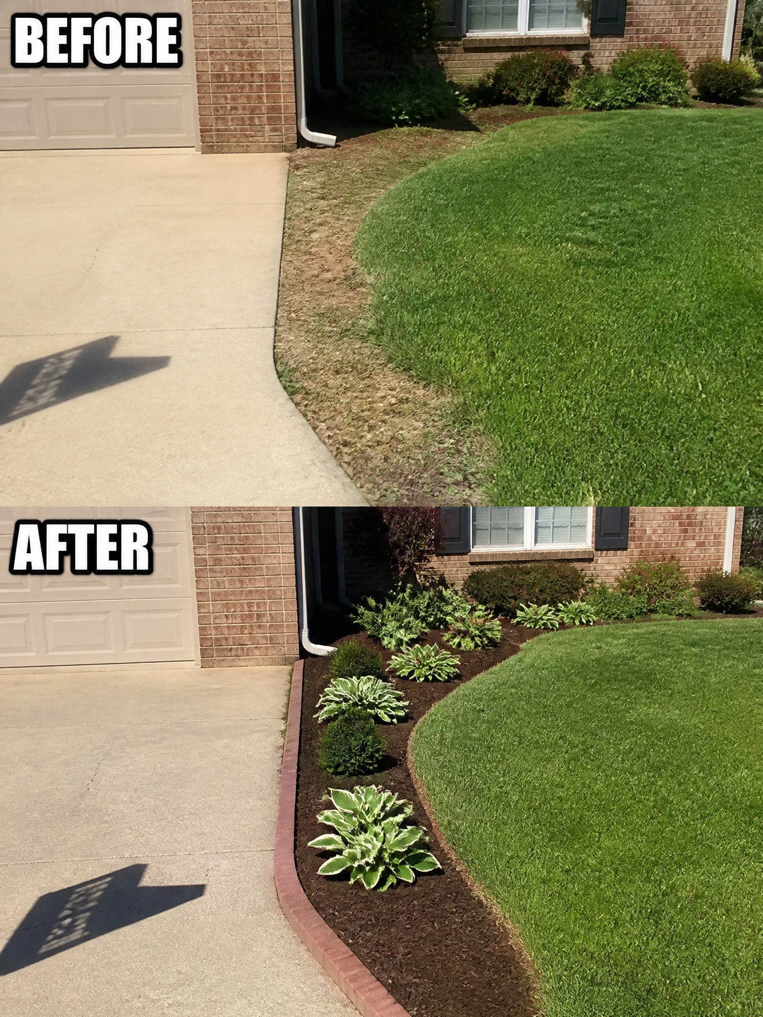 Before-and-after image of a bare dirt strip along a driveway changed into a mulched garden bed with brick edging and hostas.