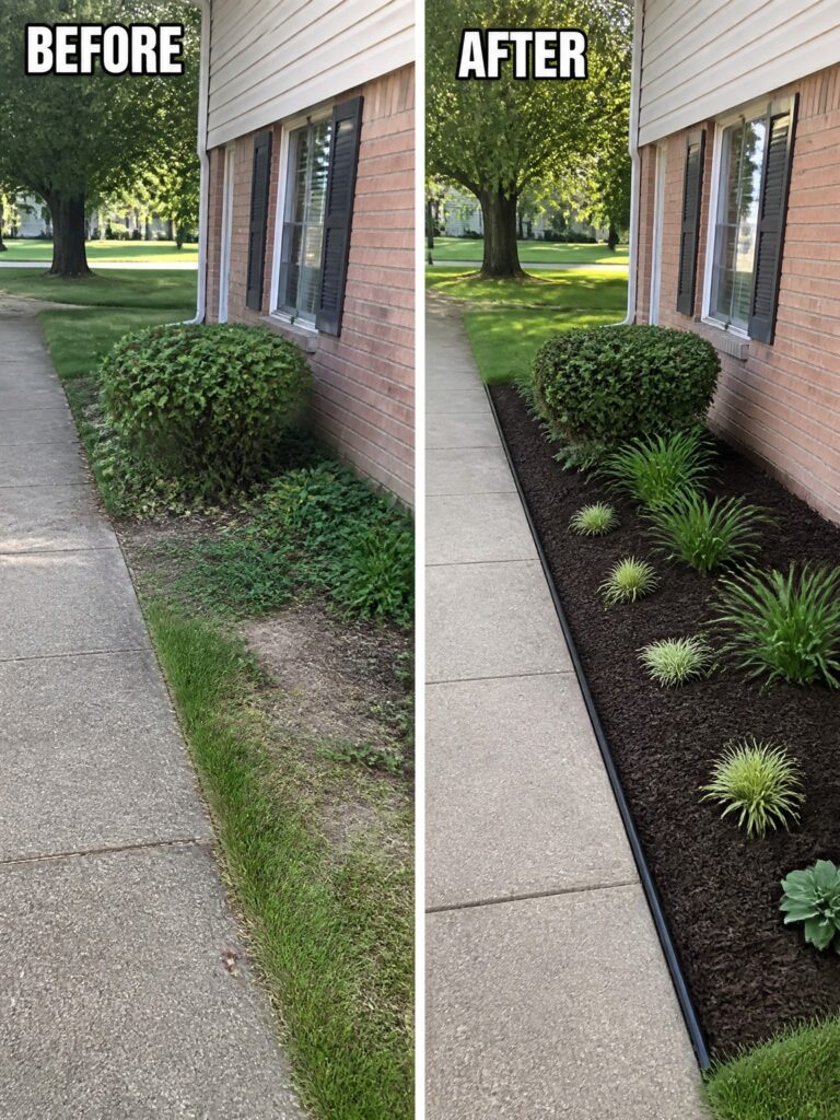 Before and after of overgrown garden bed transformed into neat mulched landscaping by walkway