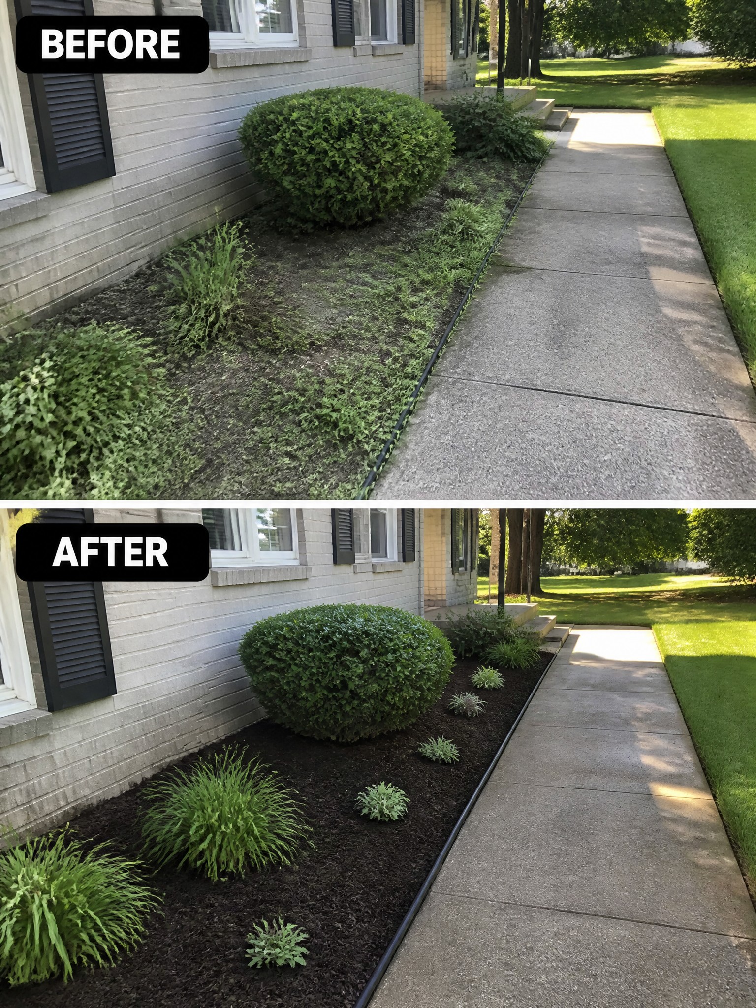 Before and after of overgrown garden bed transformed into neat mulched landscaping by walkway