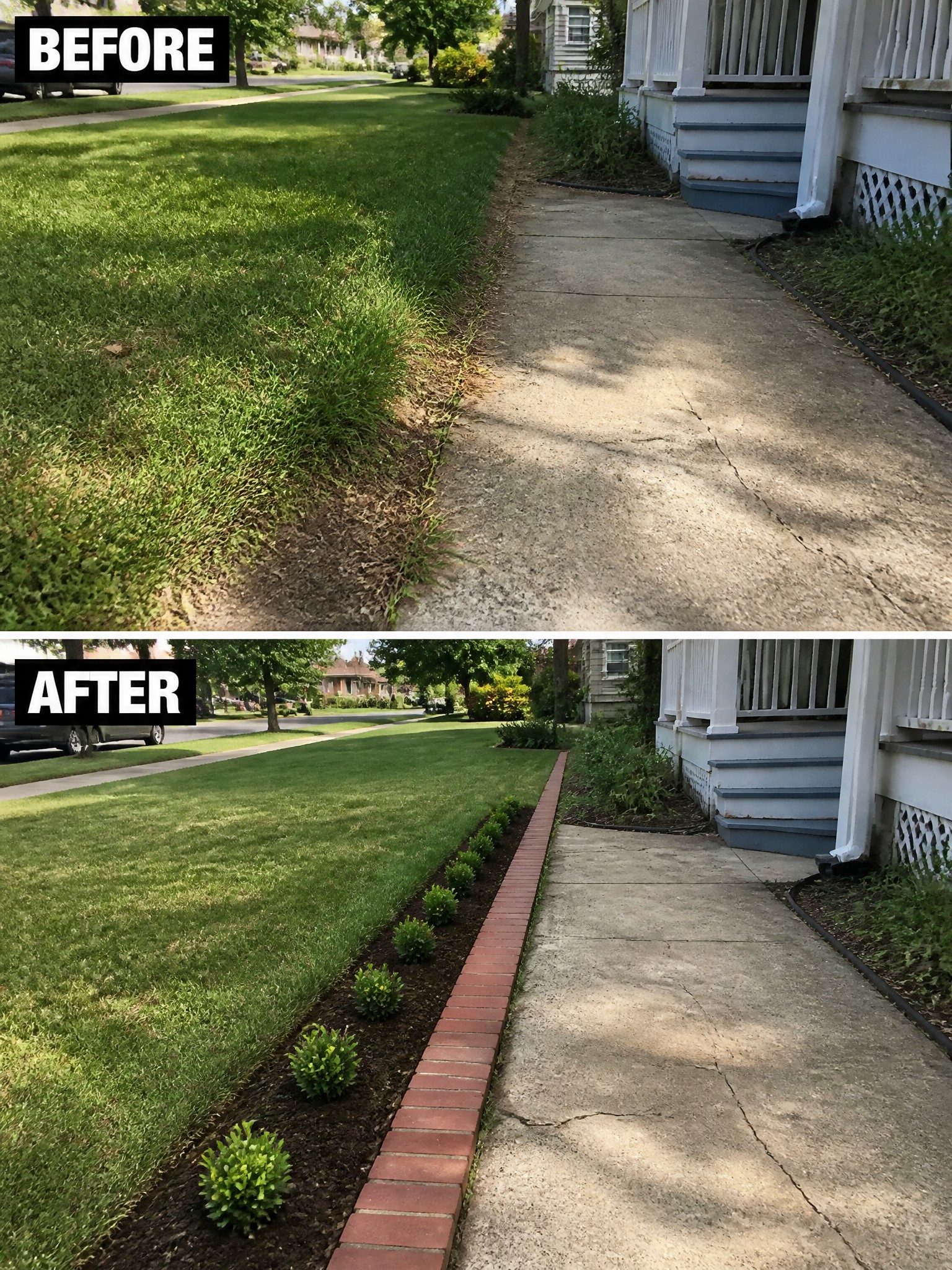 Before-and-after image of an overgrown lawn edge along a sidewalk improved with a straight brick border and a row of small shrubs.
