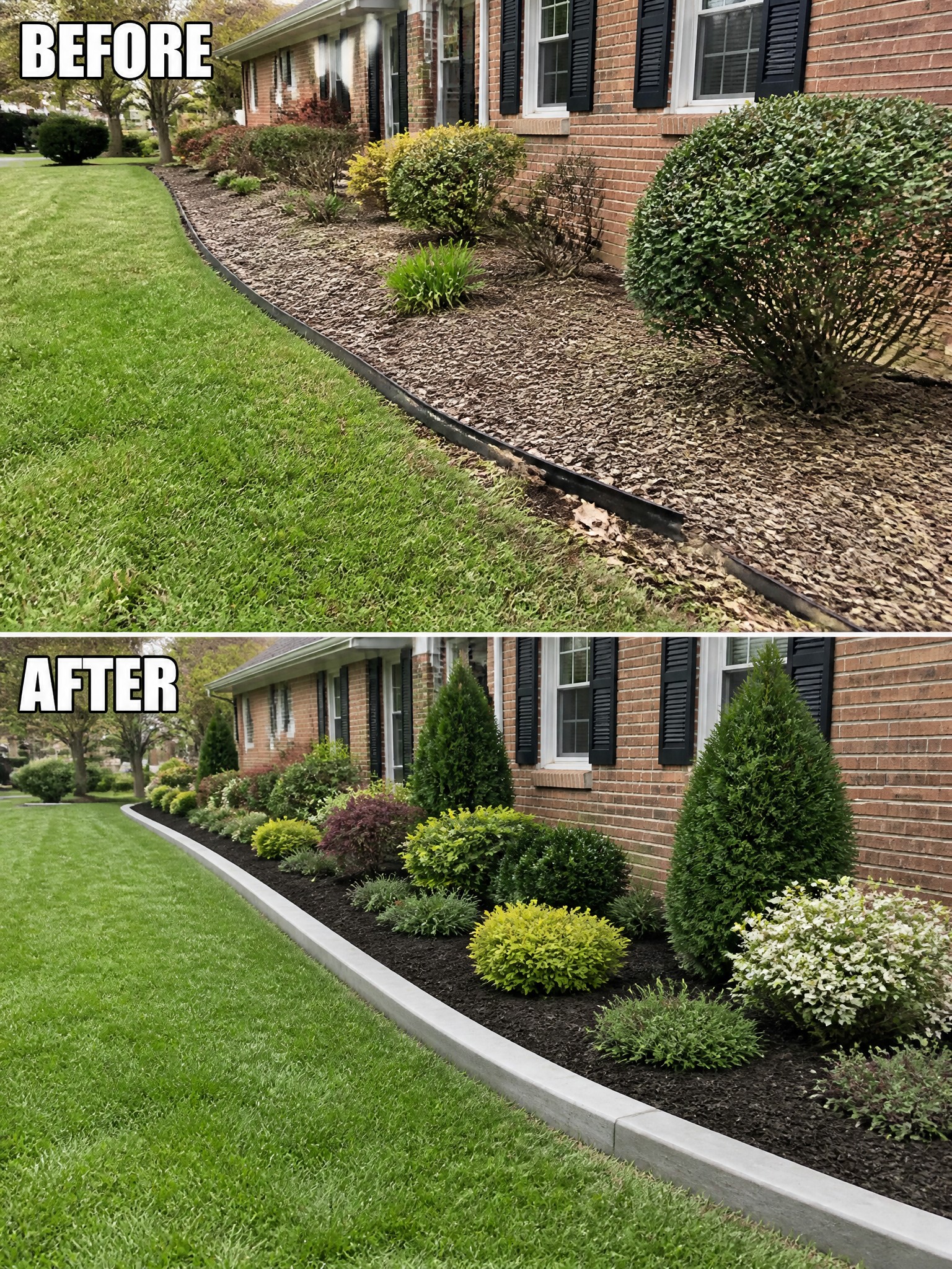 Before and after landscaping of brick house with new plants, mulch and concrete edging.