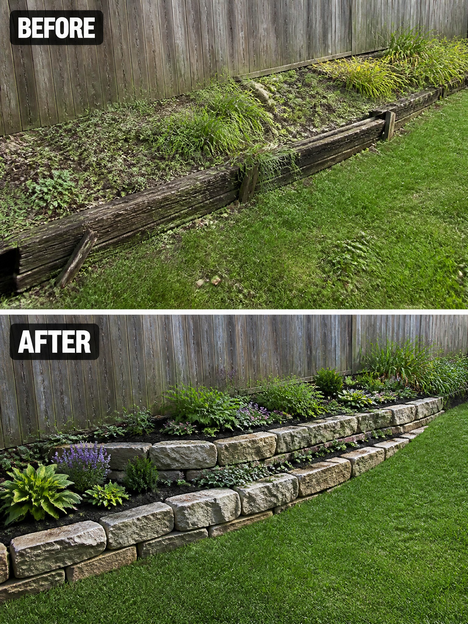 Before and after of overgrown garden bed transformed into neat stone-bordered landscaping.
