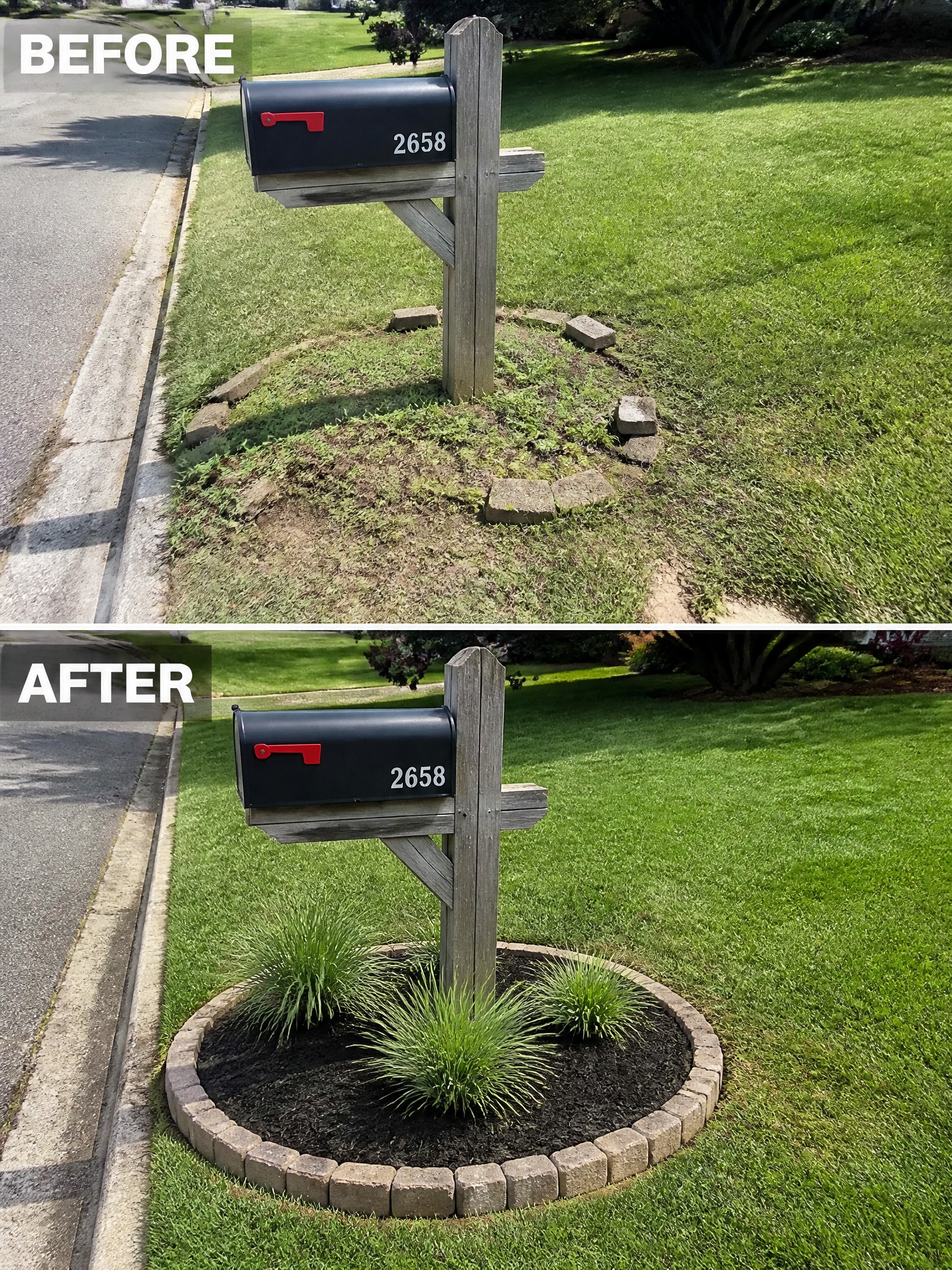 Before-and-after image of a mailbox post with added circular brick edging, mulch, and ornamental grasses.