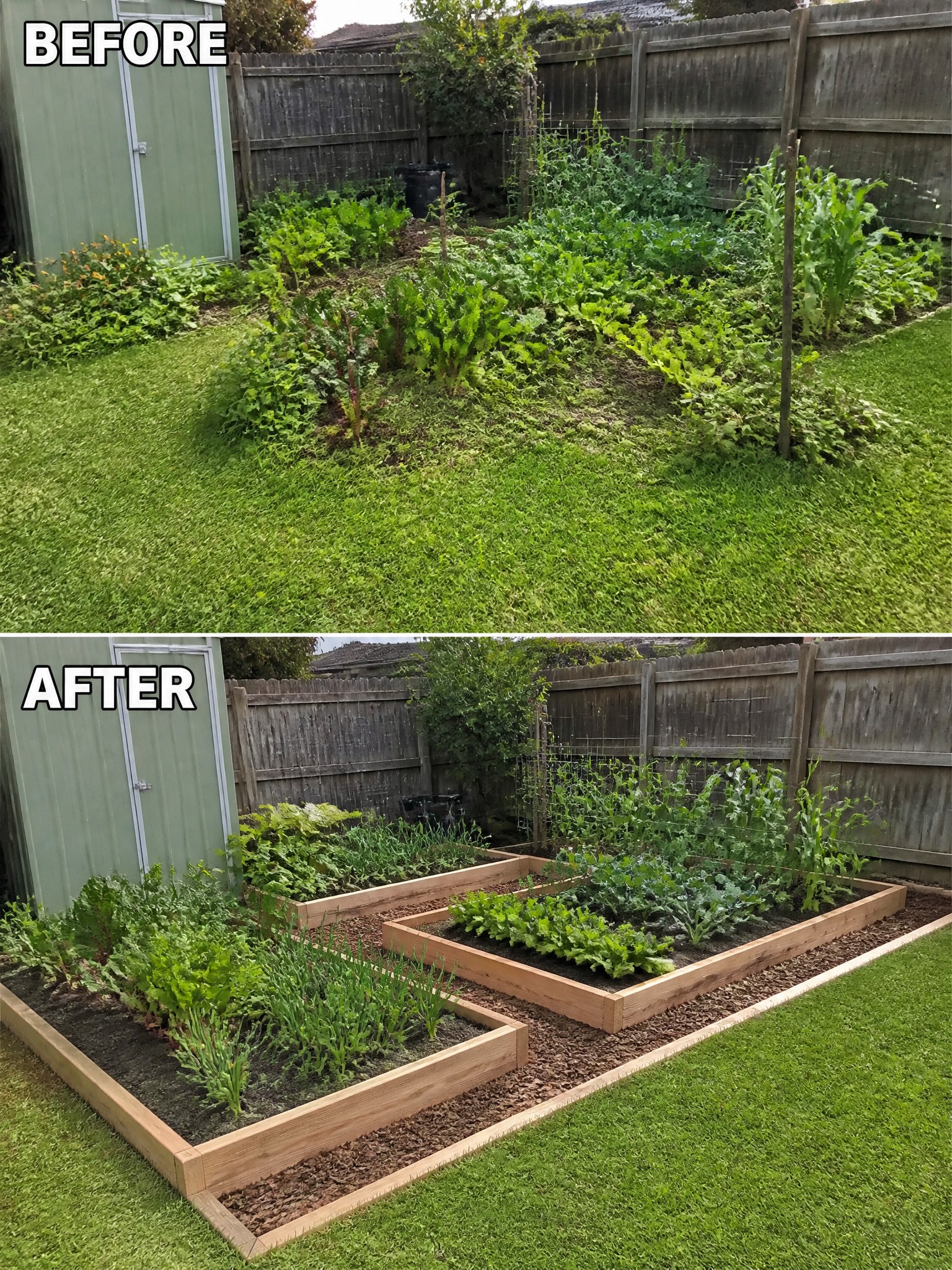 Before and after of overgrown garden transformed into neat raised wooden beds.