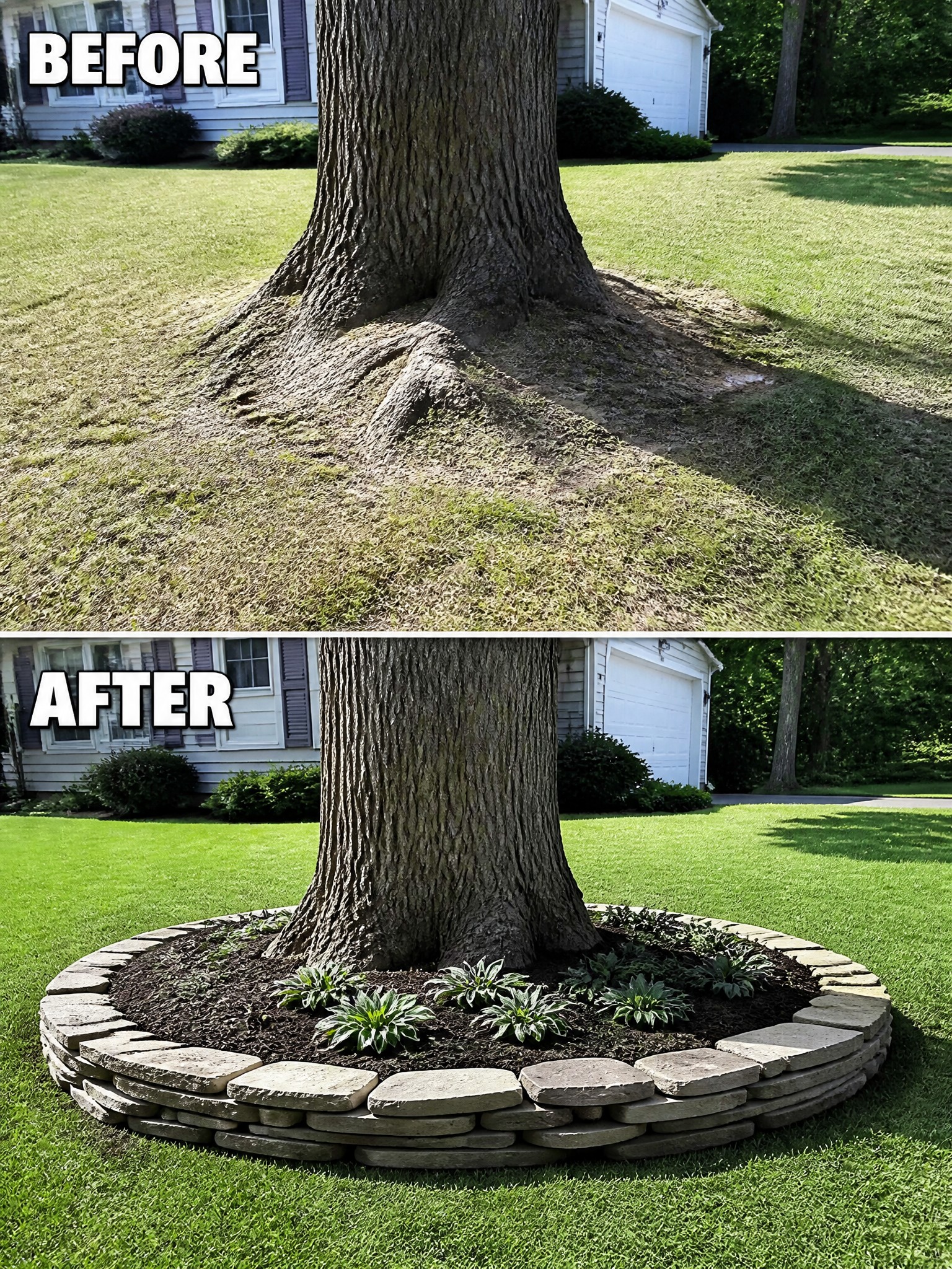 Before-and-after view of tree with new stone border, mulch, and plants added