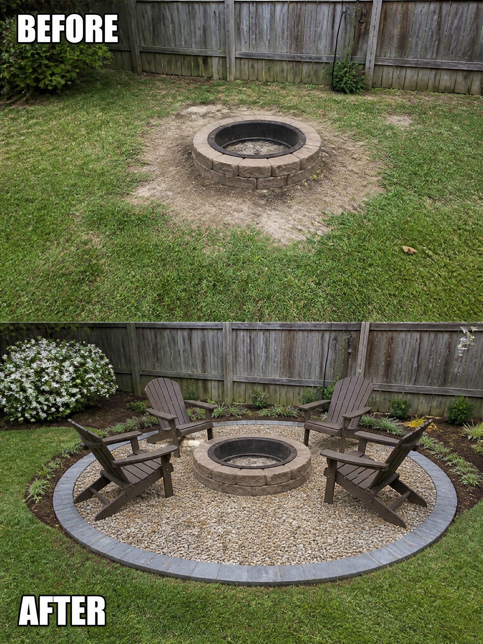 Before-and-after backyard fire pit with added gravel, chairs, and landscaping