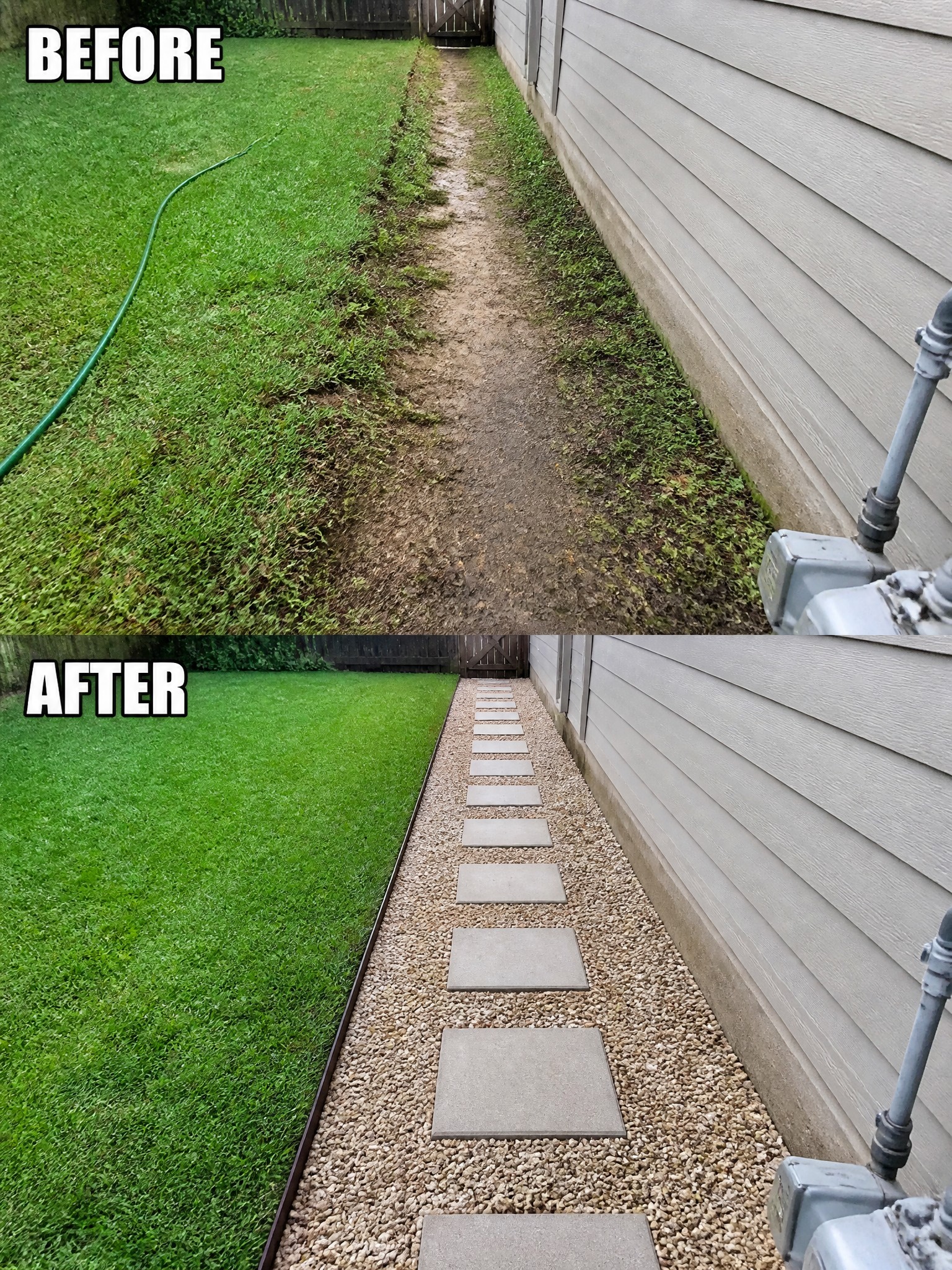 Before-and-after image of a worn dirt path next to a house changed into a clean gravel walkway lined with concrete stepping stones and neat lawn edging.