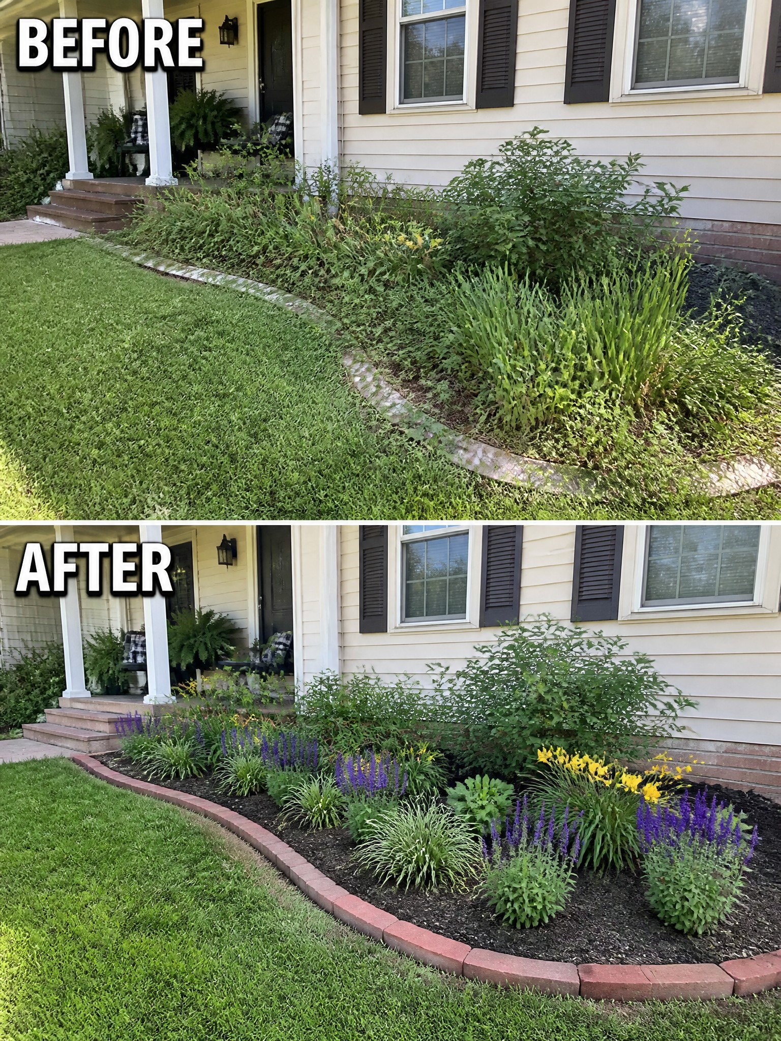 Before-and-after image of an overgrown front garden bed changed into a neat landscaped area with defined brick edging and organized plants.