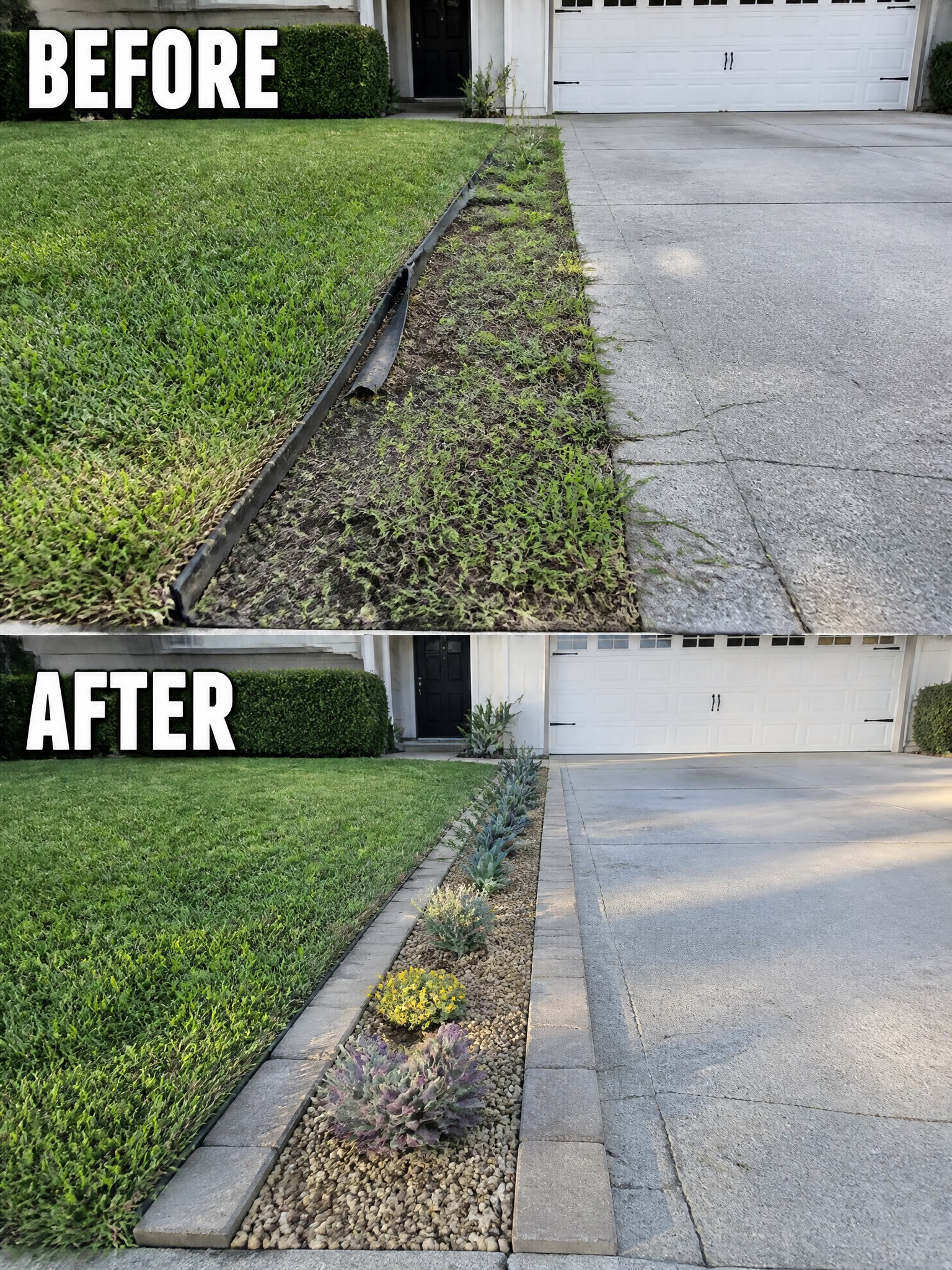 Before and after of lawn edge transformed into gravel garden bed with plants and bricks