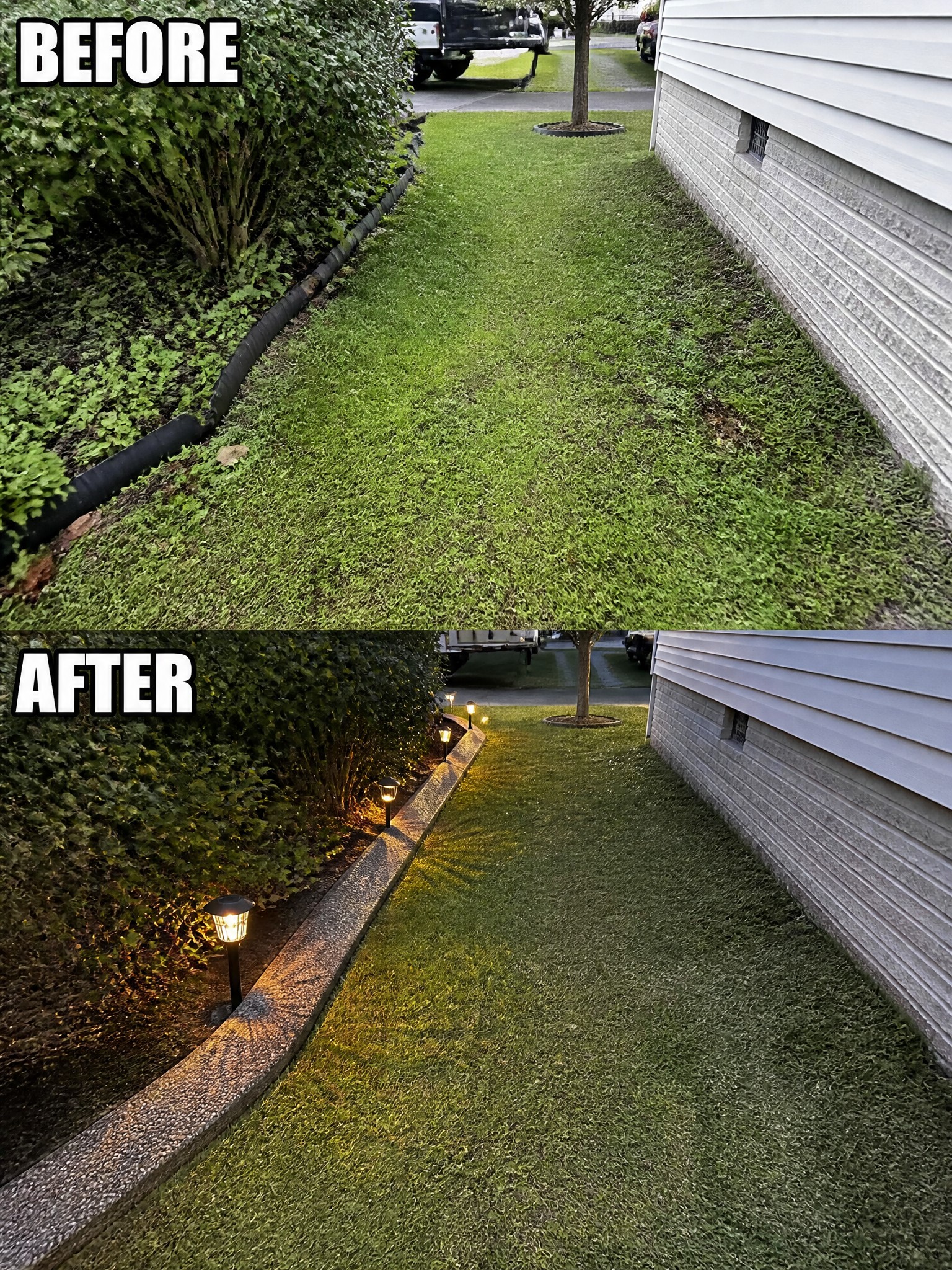 Before and after backyard with solar lights along stone border at dusk