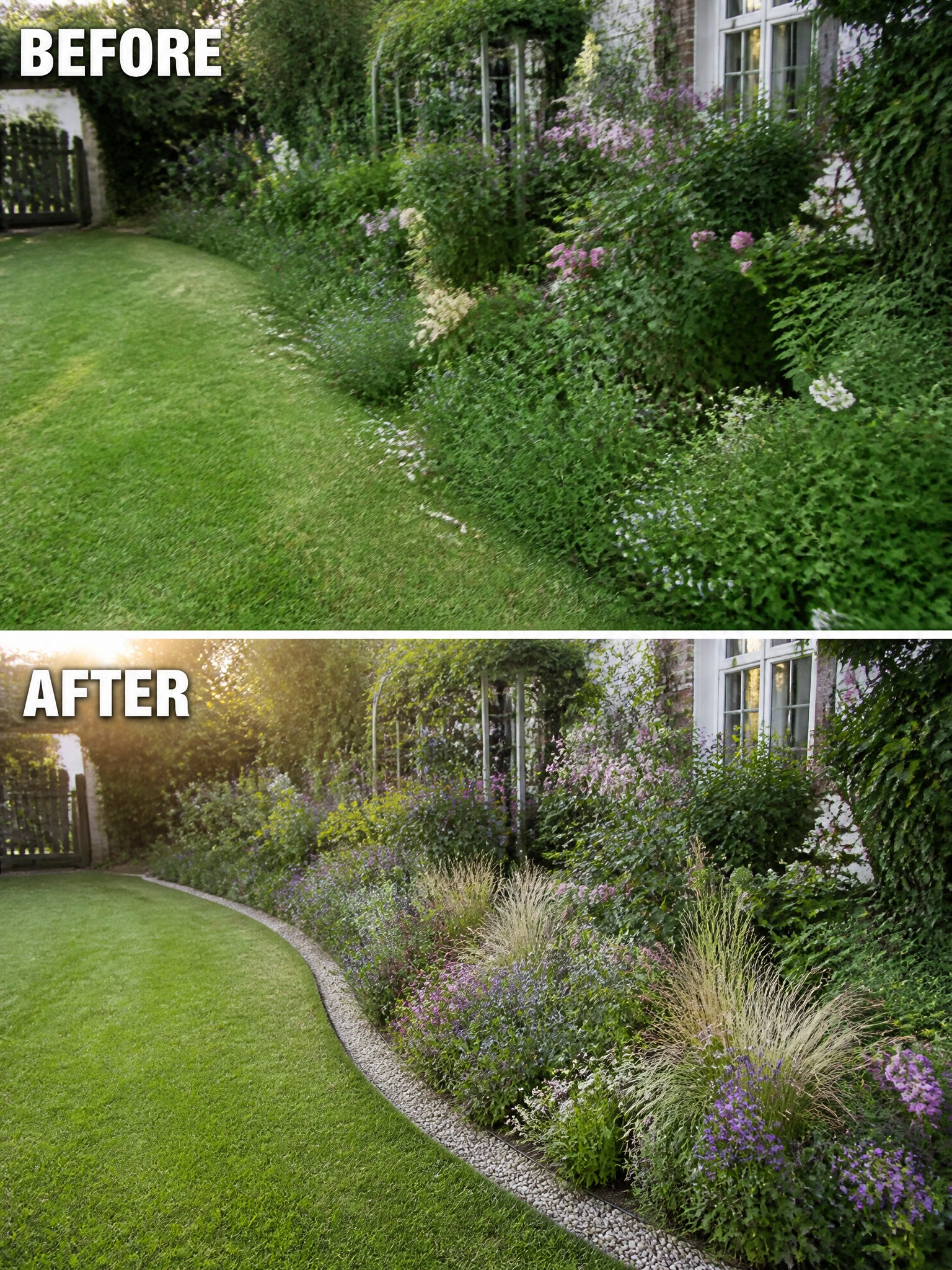 Before and after garden with lawn, flowering border, stone edging and house.
