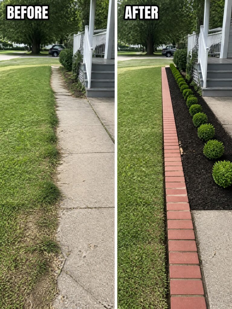 18 Affordable Lawn Before and After Ideas With Better Edging Before-and-after image of an overgrown lawn edge along a sidewalk improved with a straight brick border and a row of small shrubs.