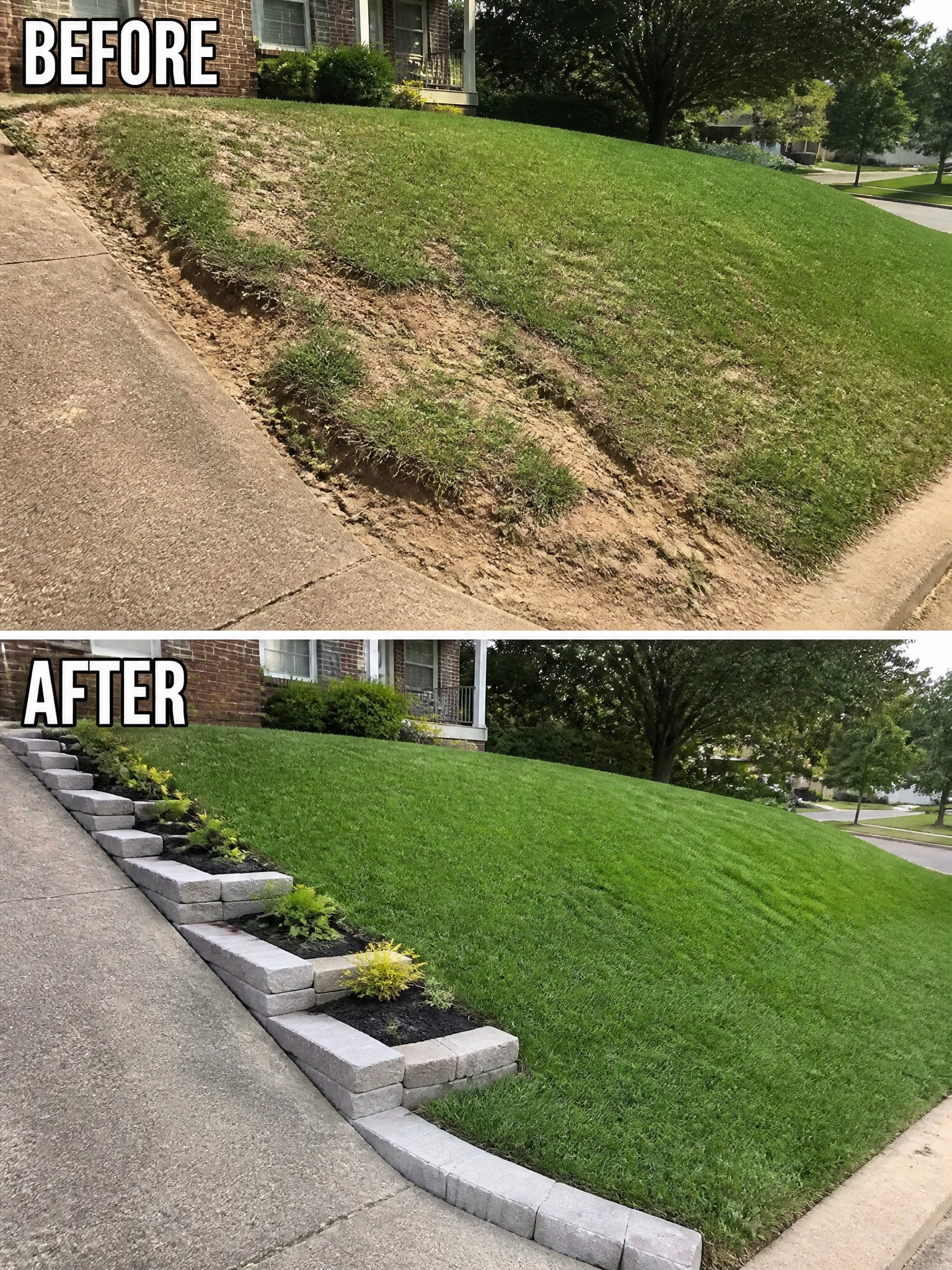 Before-and-after view of eroded lawn slope fixed with stone retaining wall and plants.