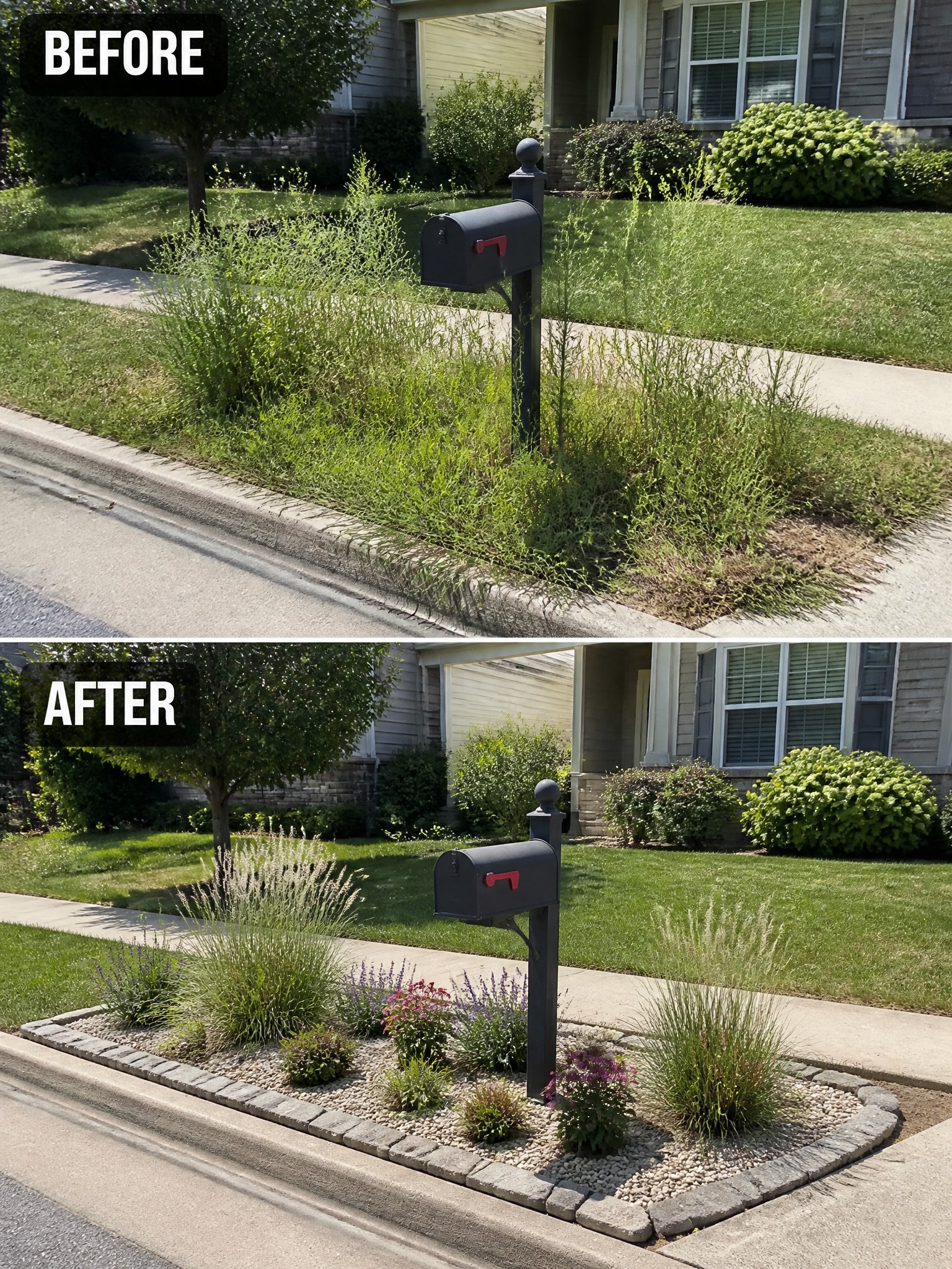 Before-and-after views of black mailbox with weeds replaced by gravel and plants.