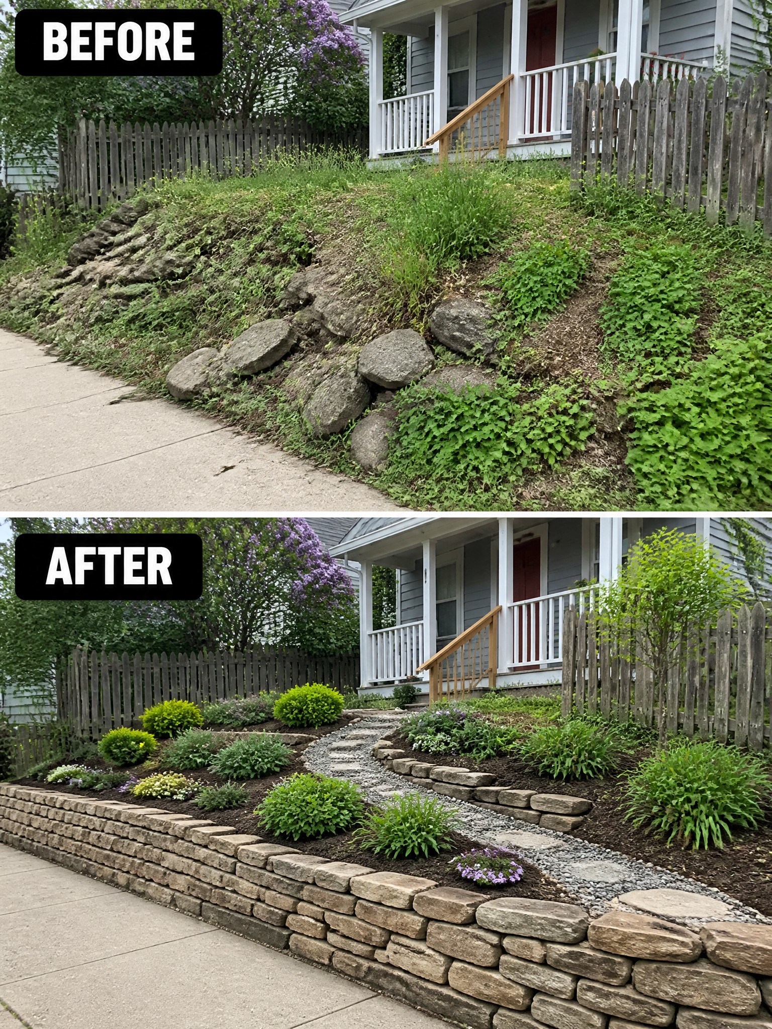 Before-and-after image of an overgrown front yard slope changed into a terraced garden with stone retaining walls, planted beds, and a gravel path.