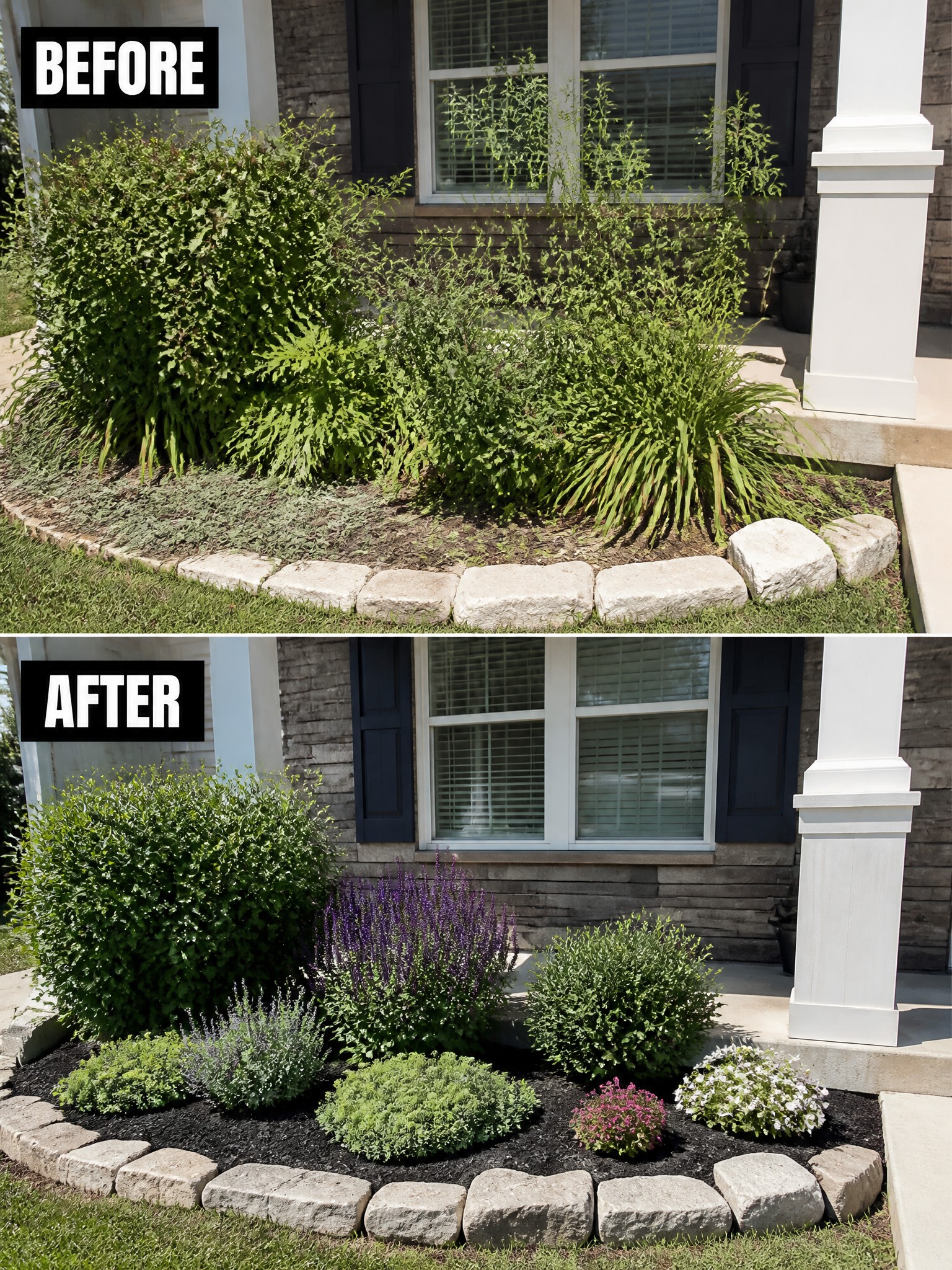 Before-and-after image of an overgrown front garden bed changed into structured planting areas with mulch and stone edging.