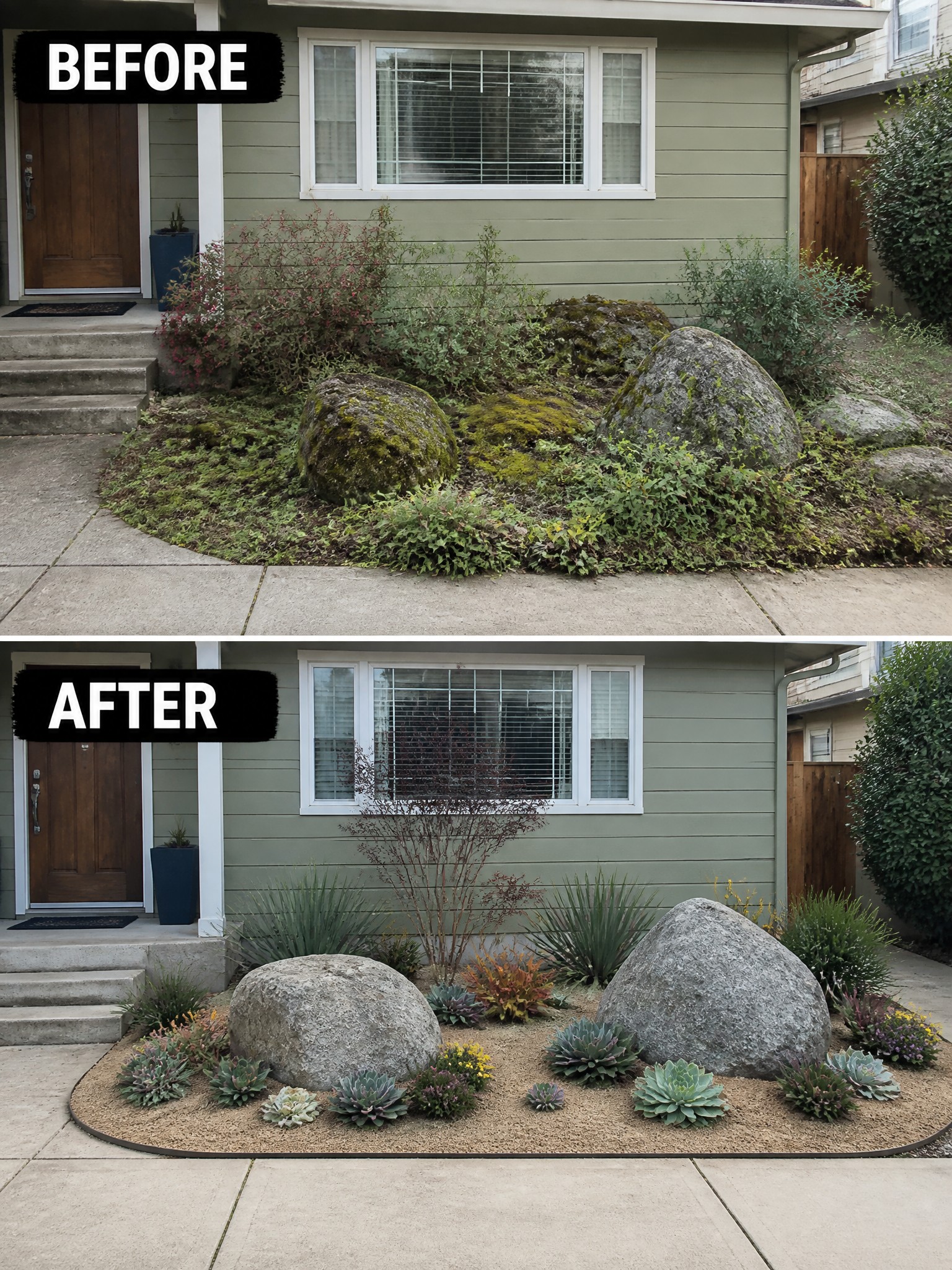 Before-and-after image of an overgrown front yard changed into a neat garden bed with mulch, edging, and arranged succulents around large rocks.