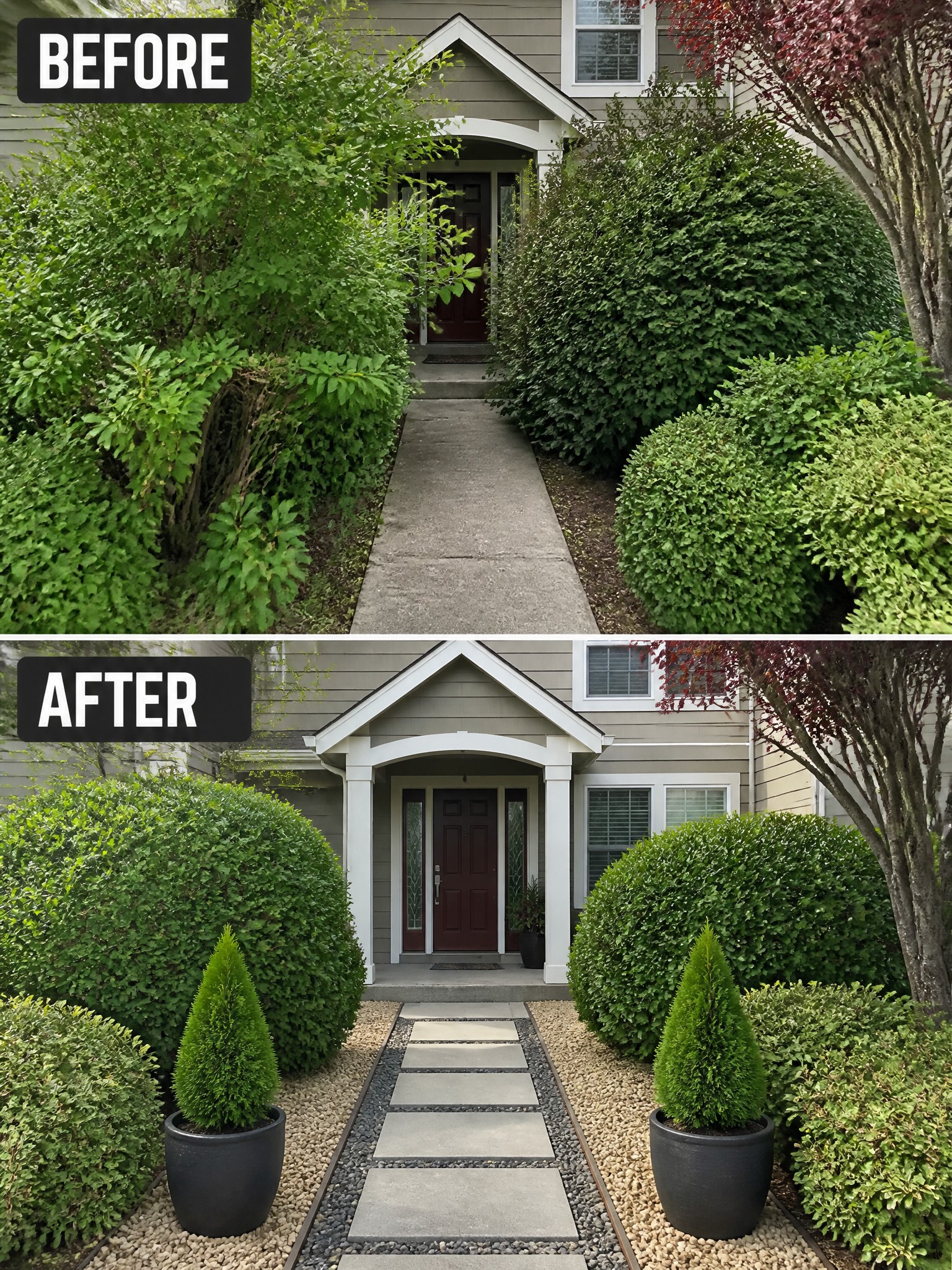 Before and after of house entrance with trimmed bushes, potted plants and new stone path.