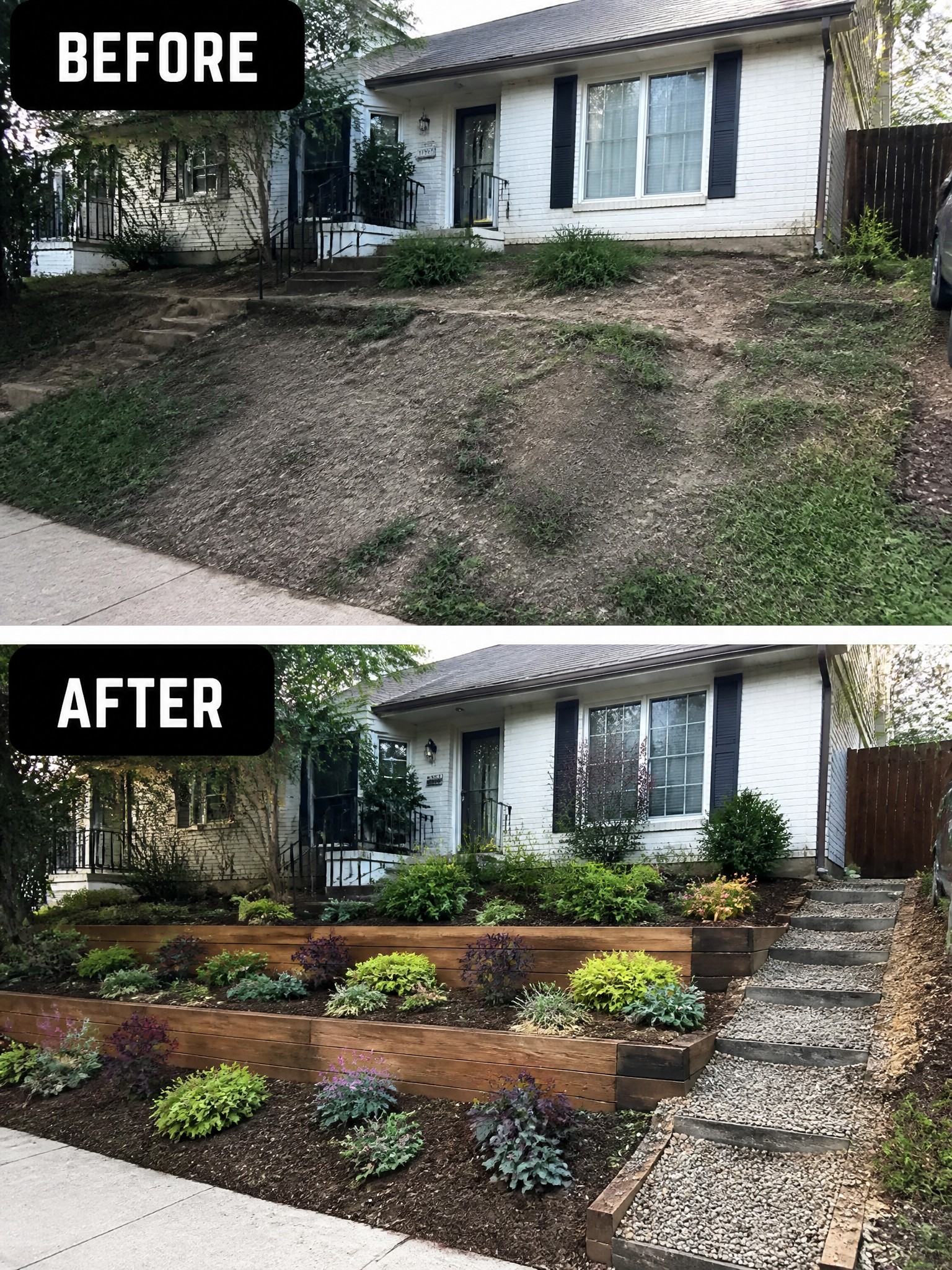 Before and after of bare yard transformed into tiered wooden planters with colorful plants and gravel steps