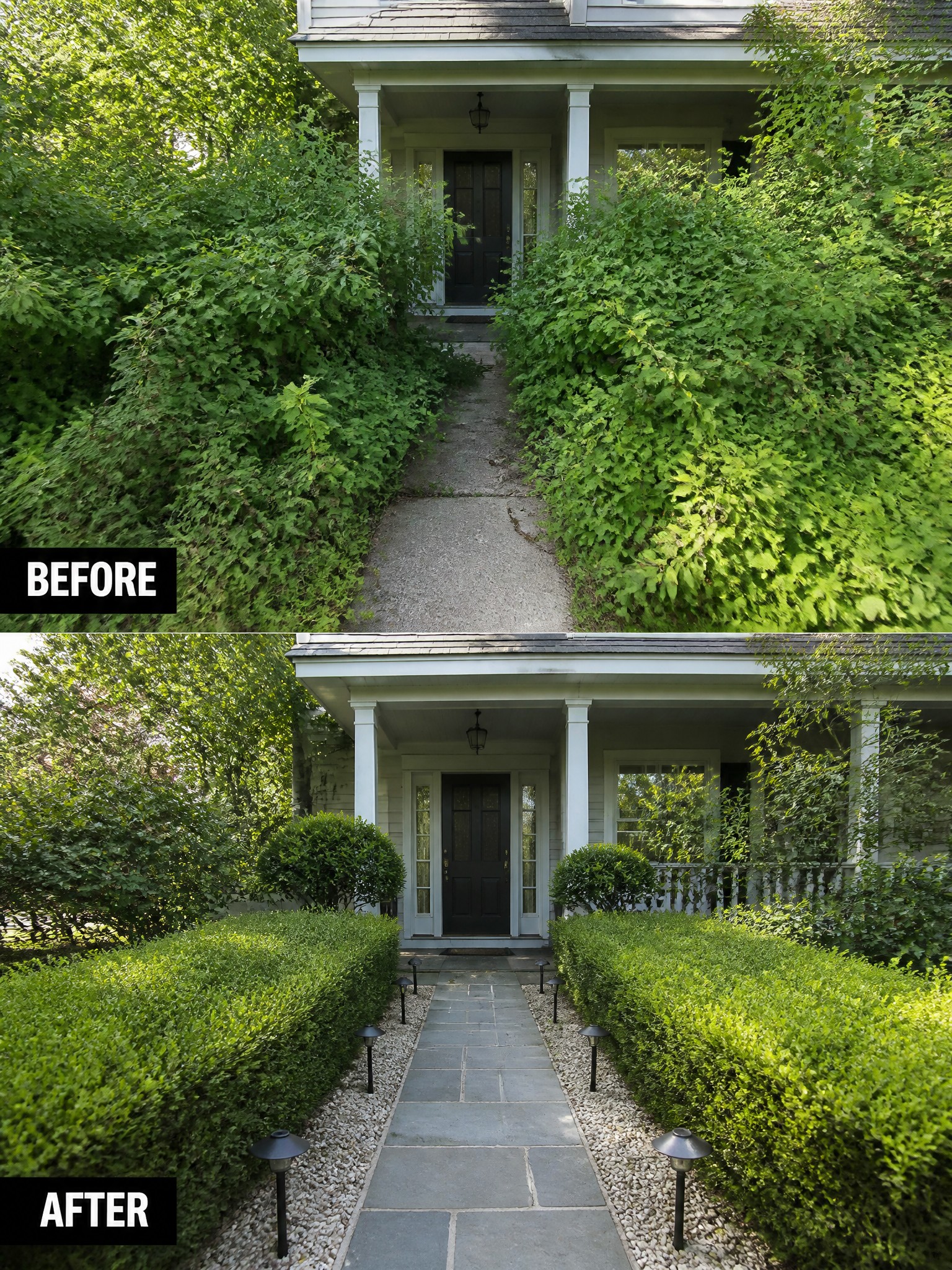 House entrance before overgrown bushes and after with trimmed hedges and stone path