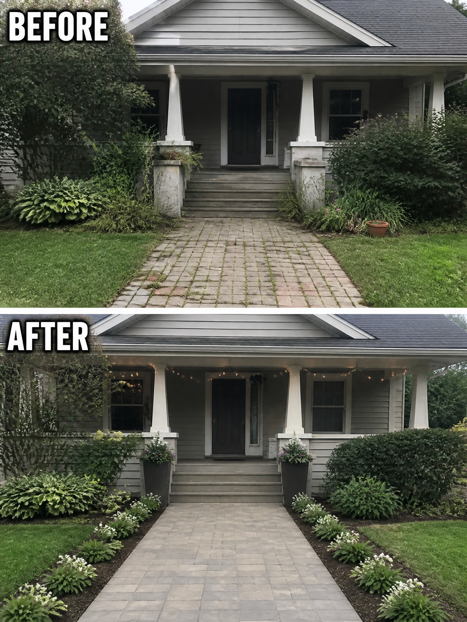 Before and after house porch with overgrown plants transformed by lights and flowers.