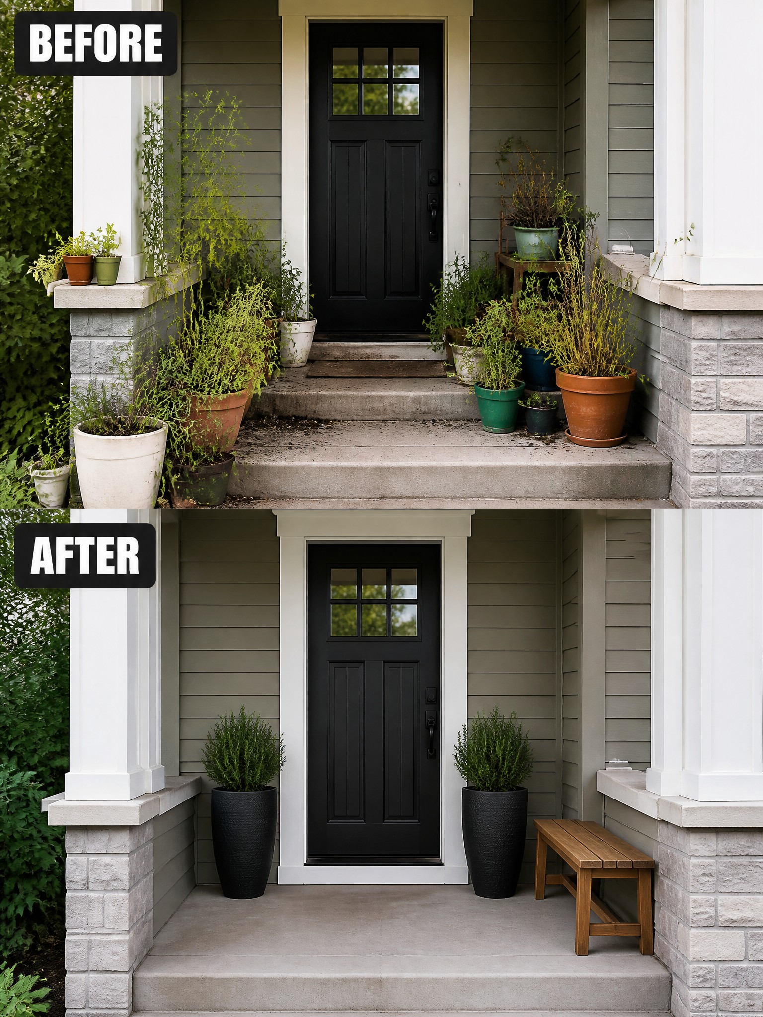 Before-and-after porch with black door: cluttered plants replaced by two pots and wooden bench.
