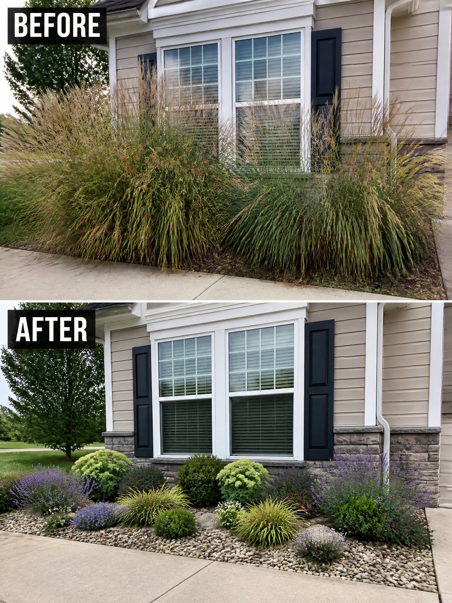 Before and after of house windows with messy grass replaced by tidy garden beds