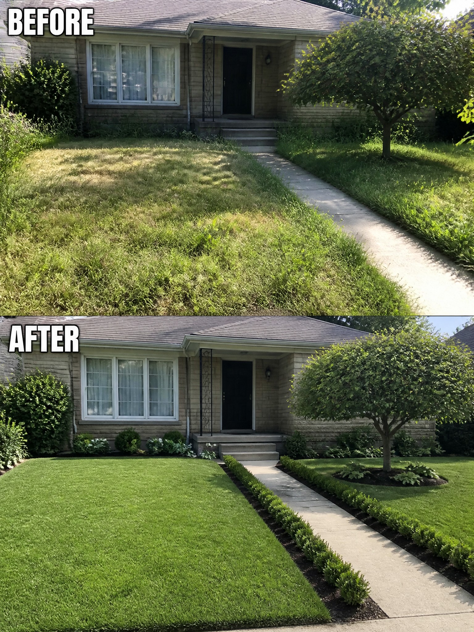 Before and after of house yard: patchy weeds transformed into lush lawn with hedges.