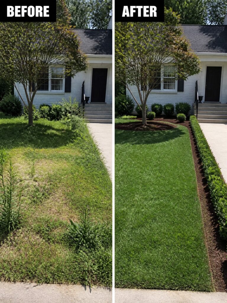 Before and after of house yard: patchy weeds transformed into lush lawn with hedges.