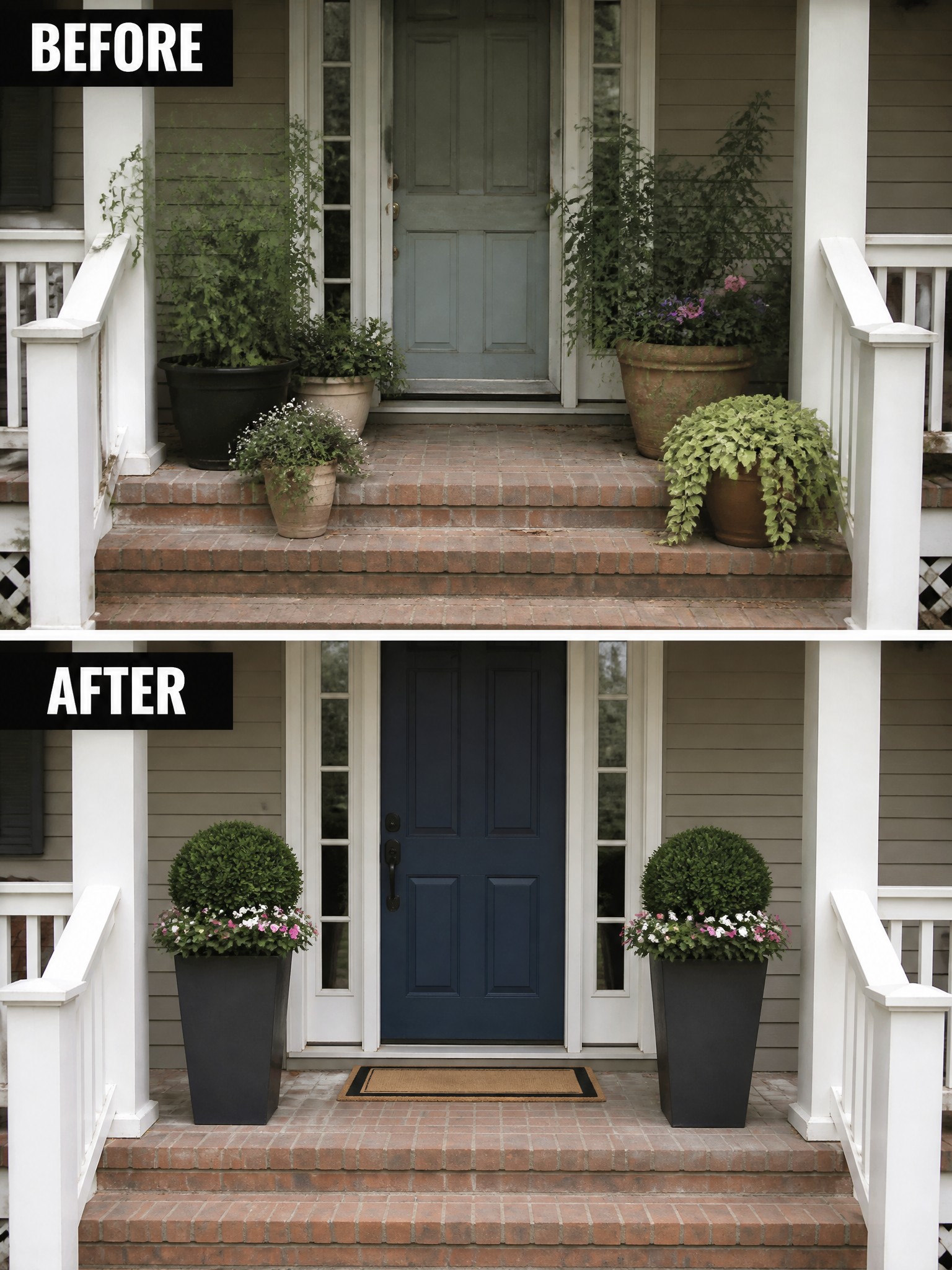 Before-and-after porch with assorted plants replaced by matching black planters and navy door.