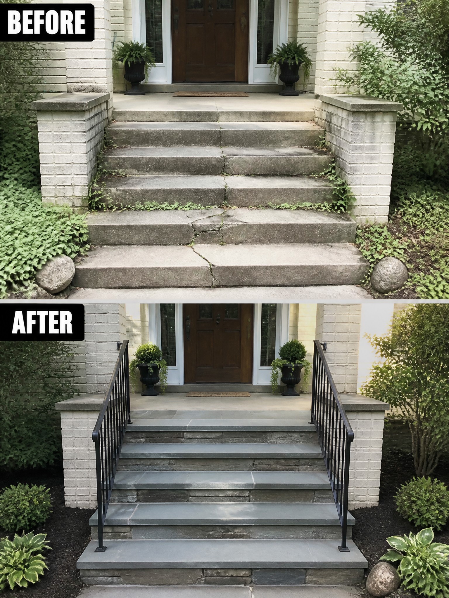 Before cracked concrete steps and after new stone stairs with black railings.
