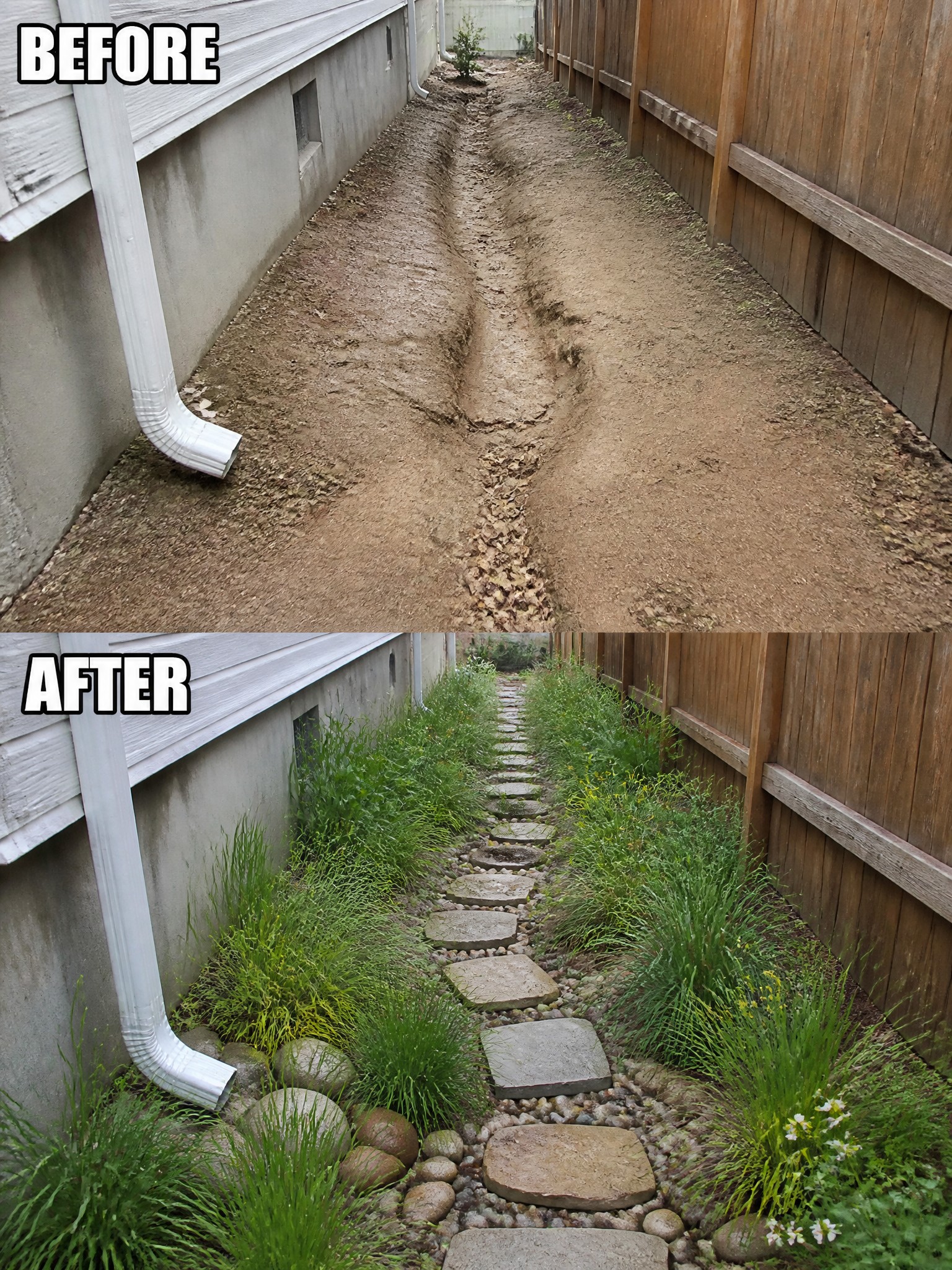 Before and after of muddy path transformed into stone walkway with lush plants