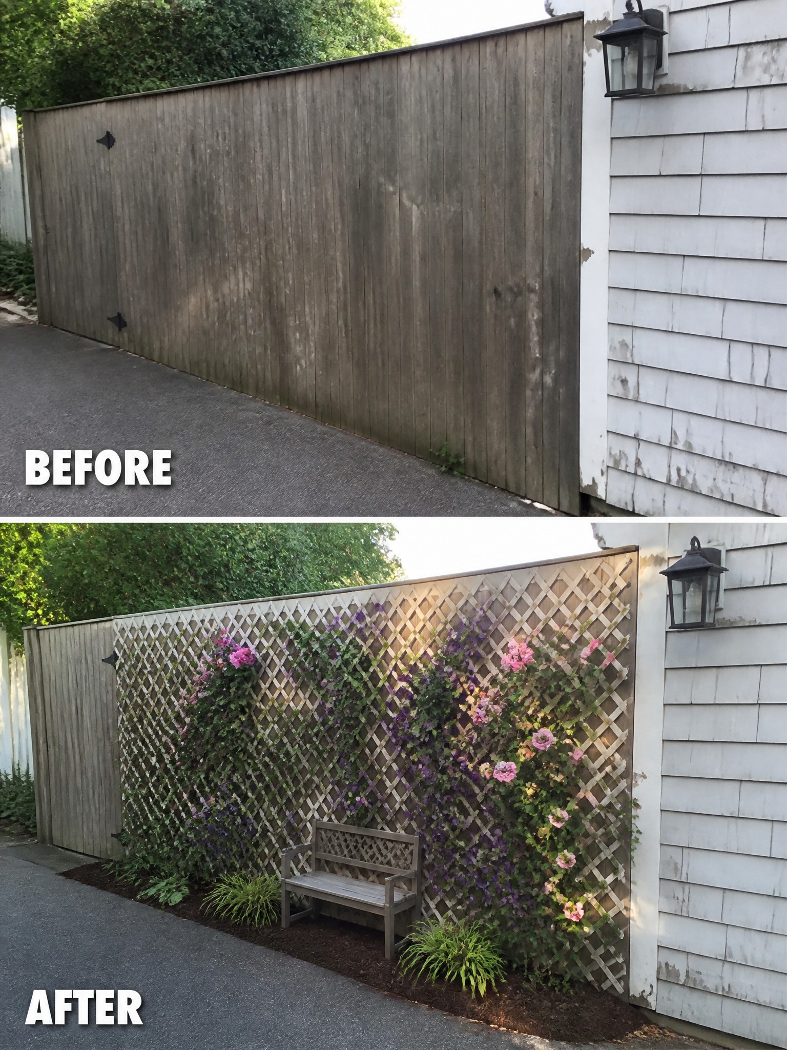Before-and-after fence with added floral lattice trellis and garden bench.