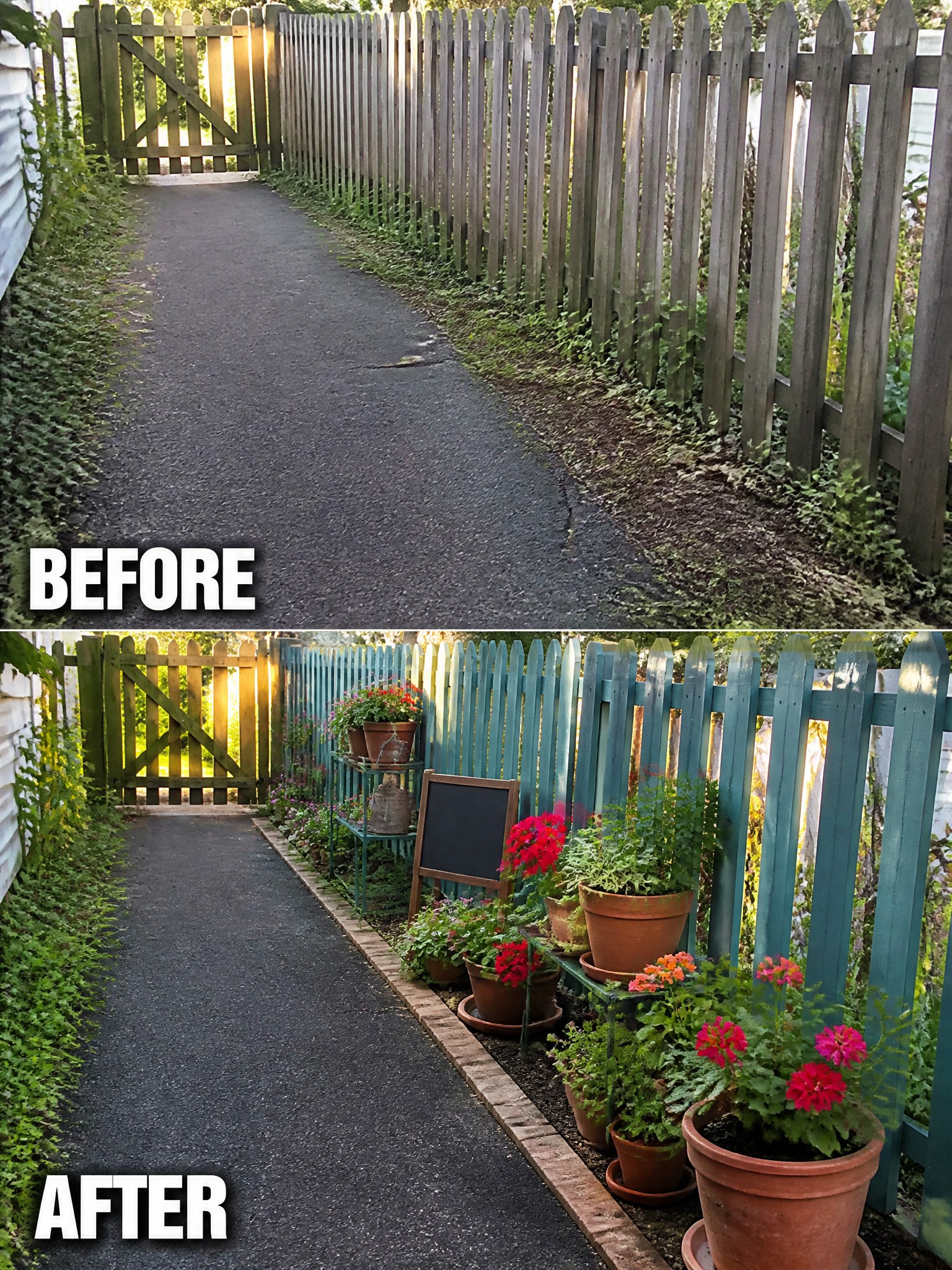Before-and-after image of a plain side yard path changed with brick edging, plant stands, and potted flowers along the fence.