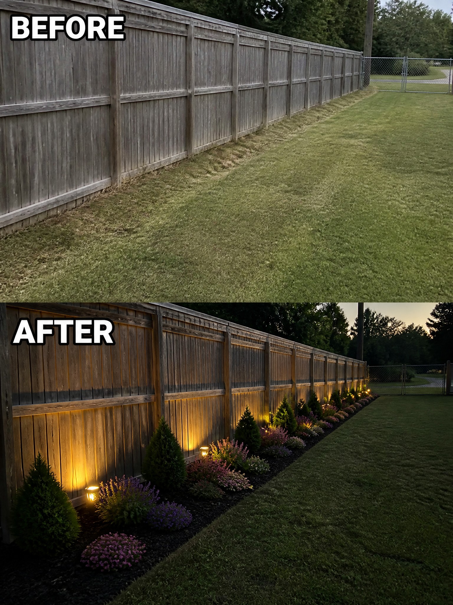 Before-and-after image of a plain grassy strip along a wooden fence transformed into a landscaped border with plants, shrubs, and uplighting.