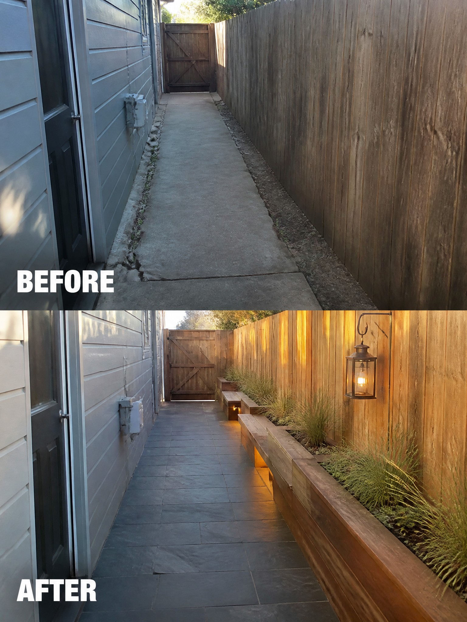 Before and after of narrow path upgraded with stone tiles, planters, and lights.