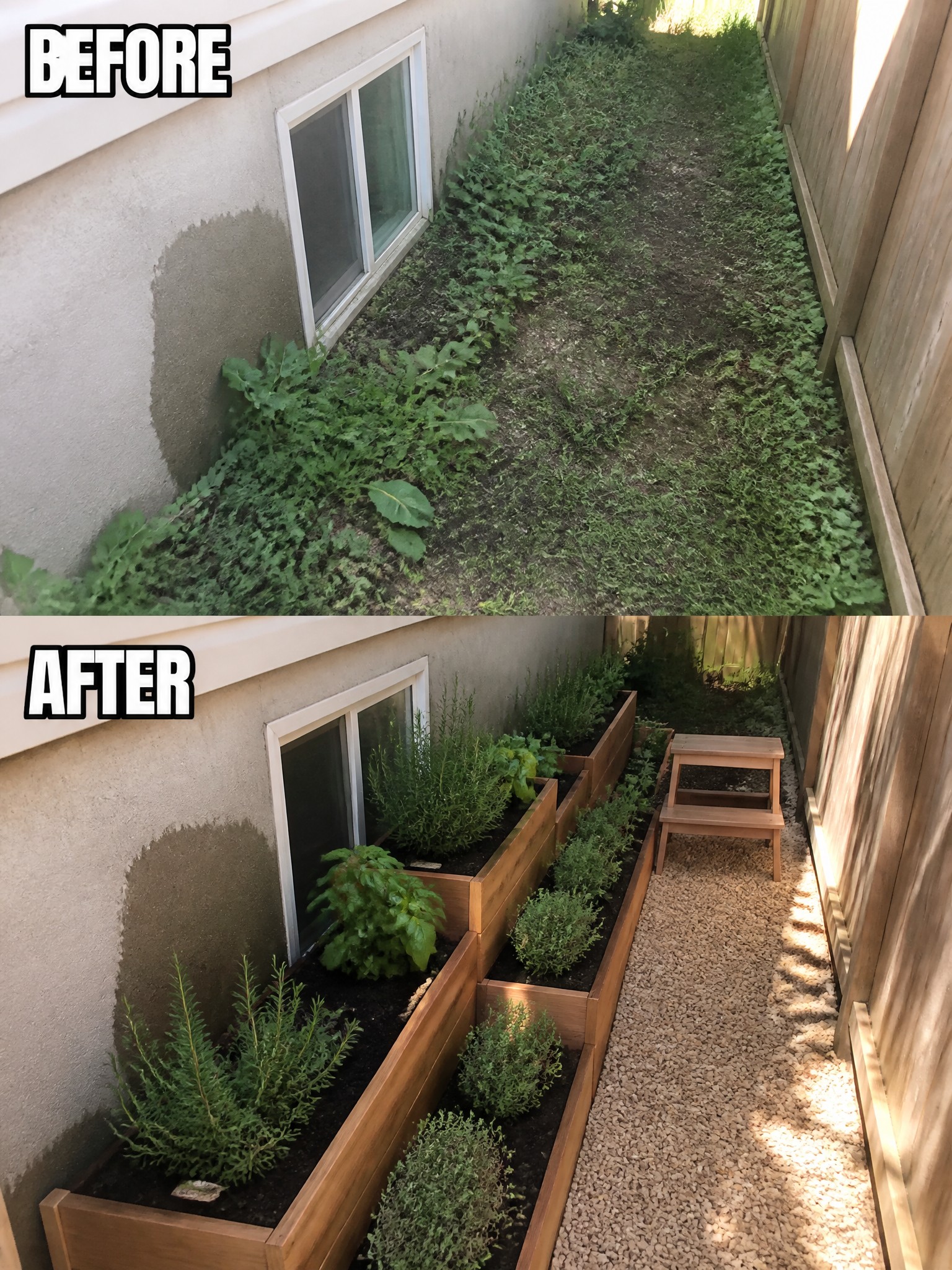 Before-and-after image of an overgrown side yard transformed with wooden raised garden beds and a gravel path.