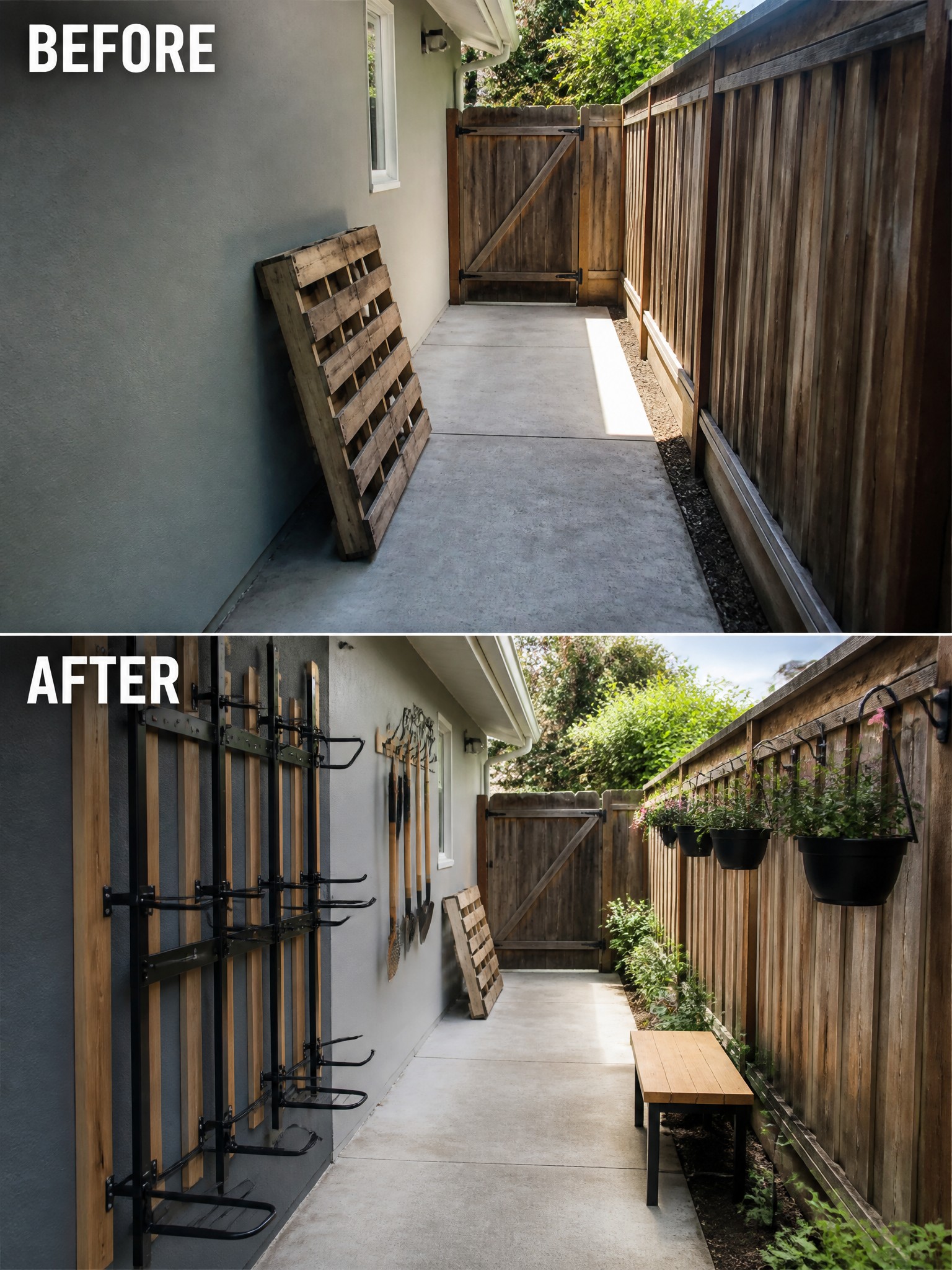 Before and after of narrow walkway with tool racks, hanging planters, and bench added.
