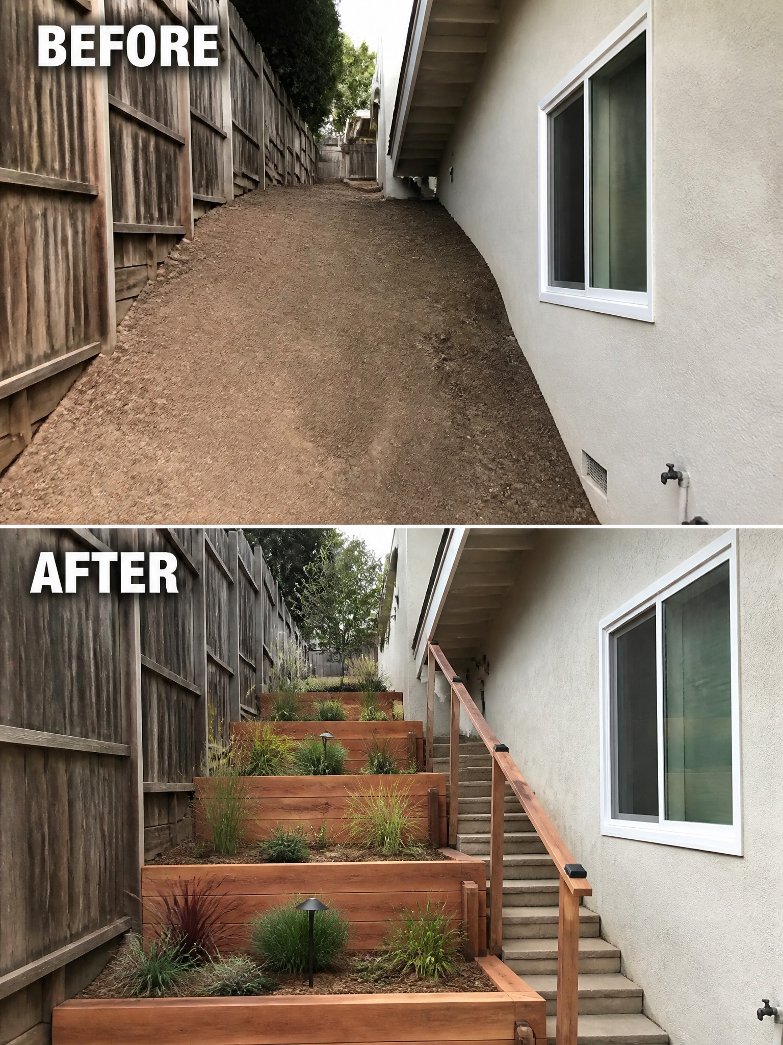 Before and after of dirt path transformed into tiered wooden planters with stairs and railing.