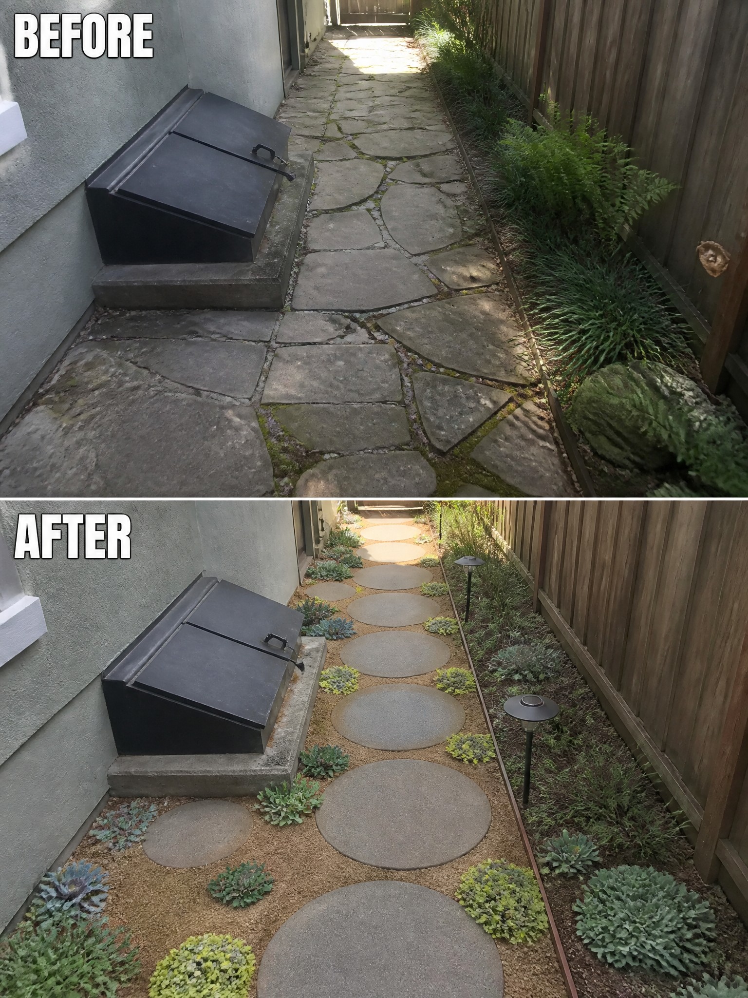 Before-and-after image of a narrow side yard path changed from irregular stones and overgrowth to gravel with circular stepping stones and low plants.