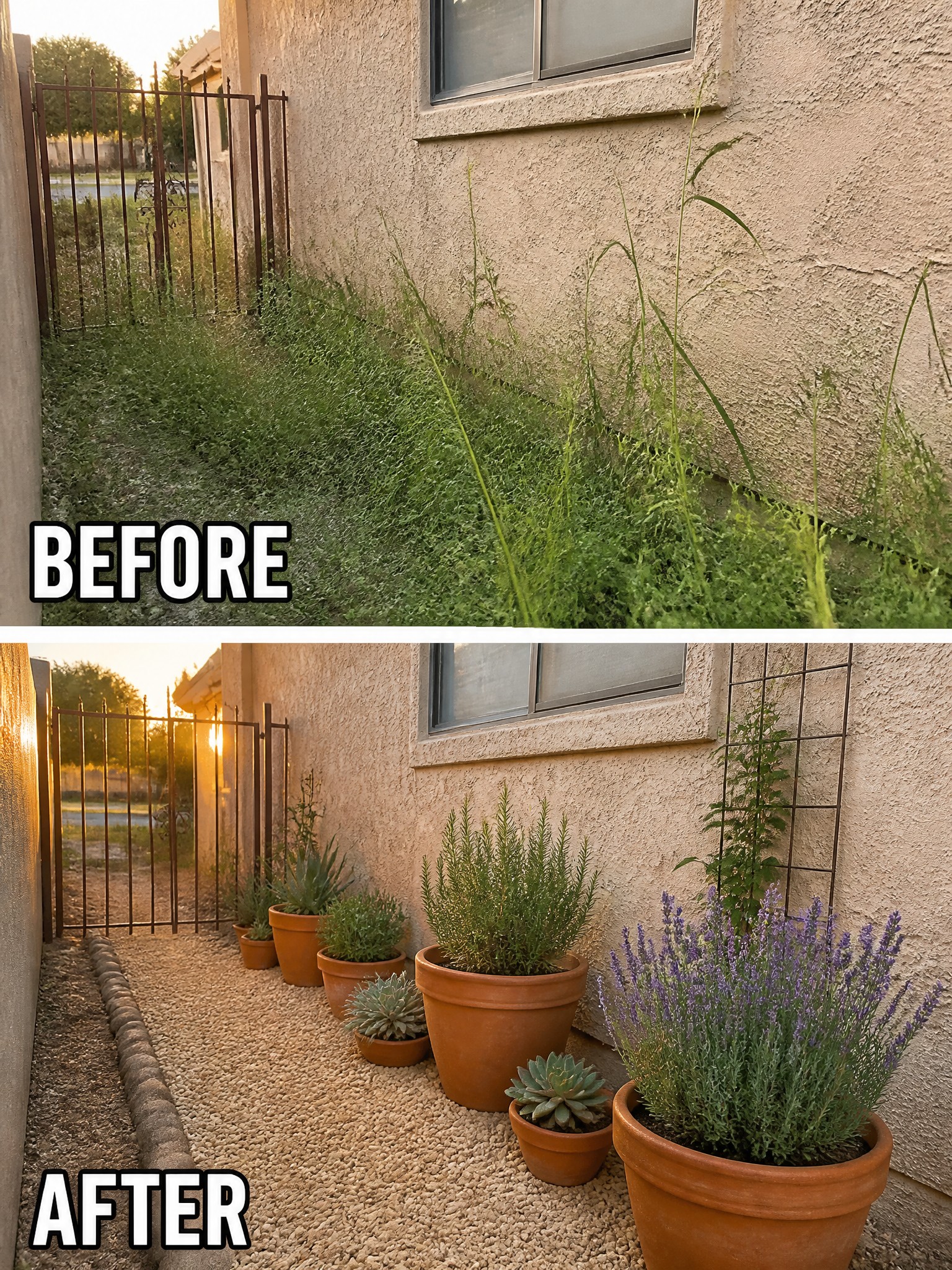 Before and after of overgrown weeds replaced by potted succulents and herbs on gravel.