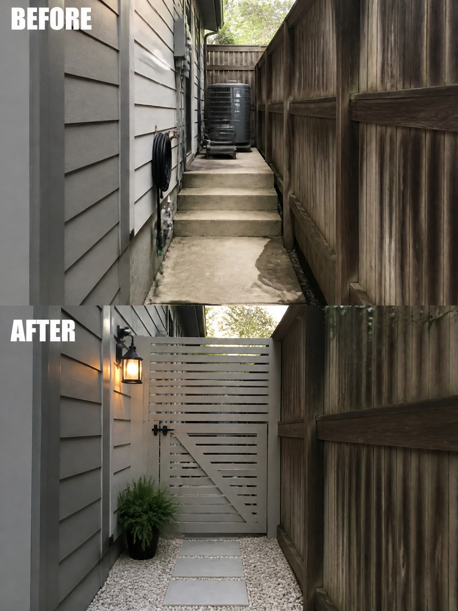 Before and after of narrow side yard with new gray gate and gravel path.
