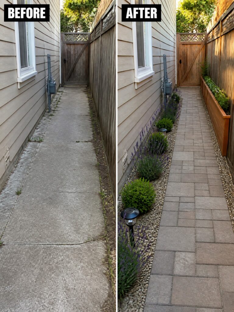 18 Easy Side Yard Transformation Ideas for Awkward Outdoor Gaps Before-and-after image of a narrow side yard concrete path with overgrown grass edges changed into clean gravel borders planted with lavender and shrubs plus a wooden planter box along the fence.