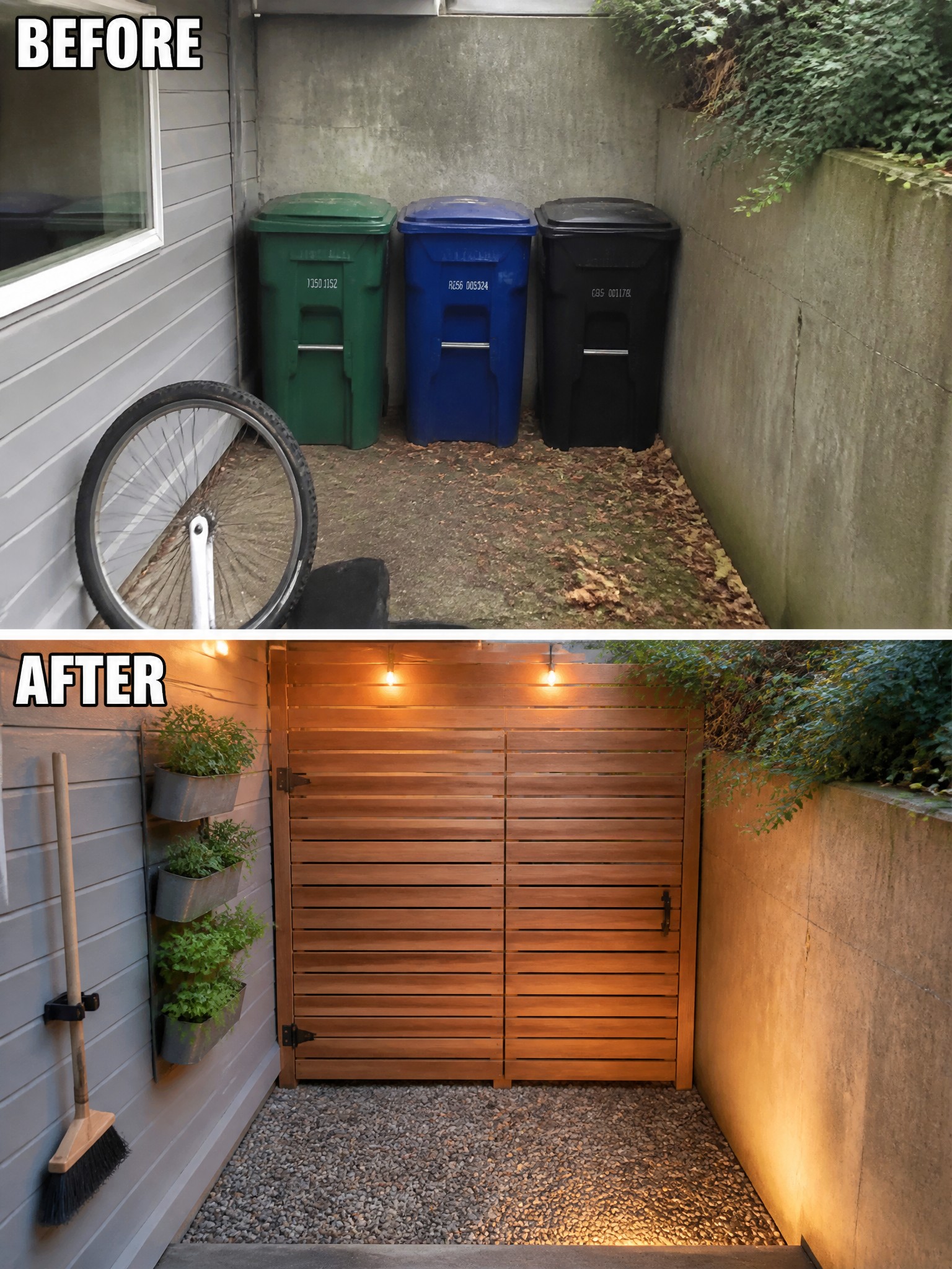 Before and after of bins replaced by wooden gate, lights, and wall planters