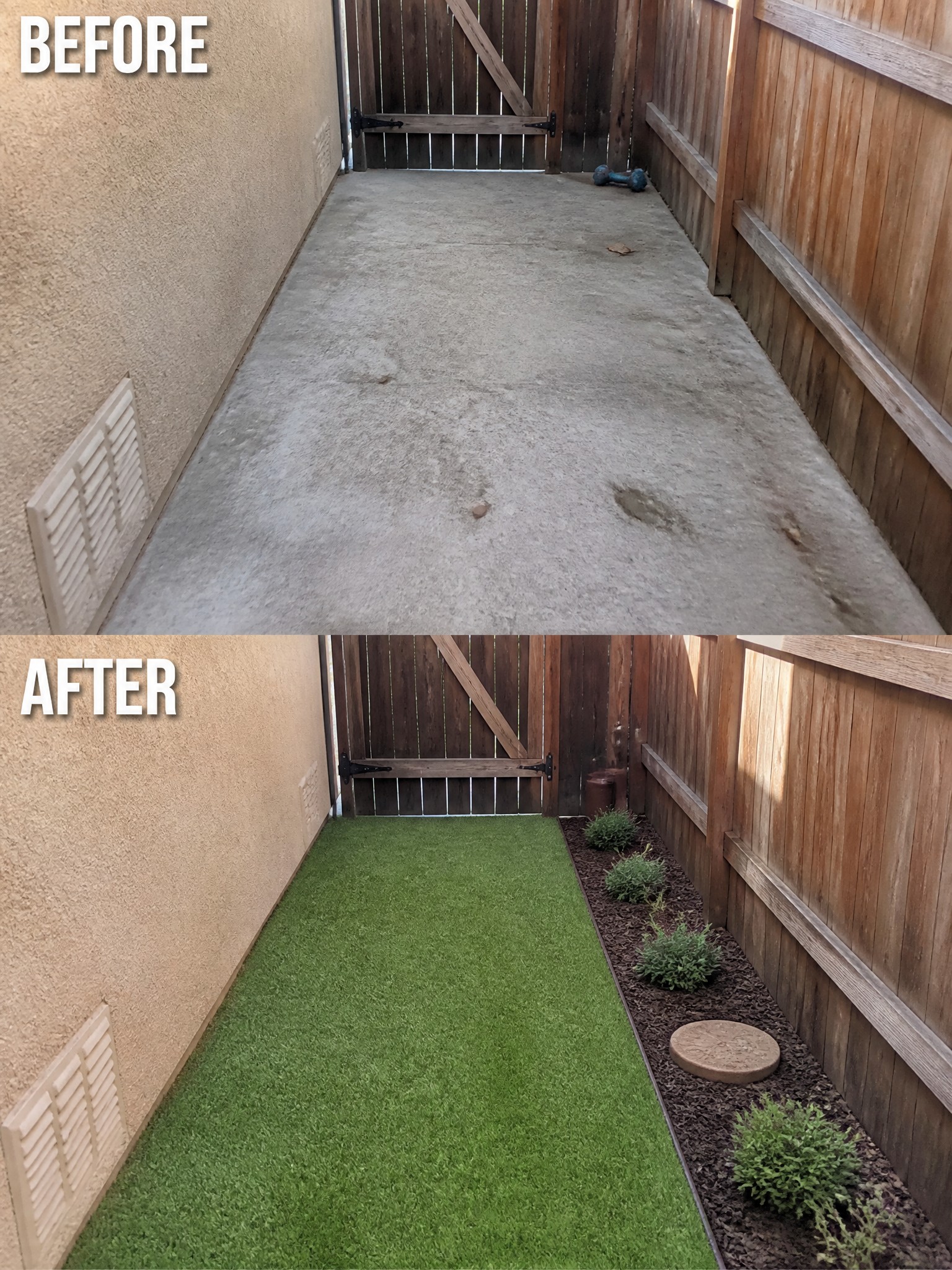 Before and after of narrow yard with concrete replaced by turf and plants