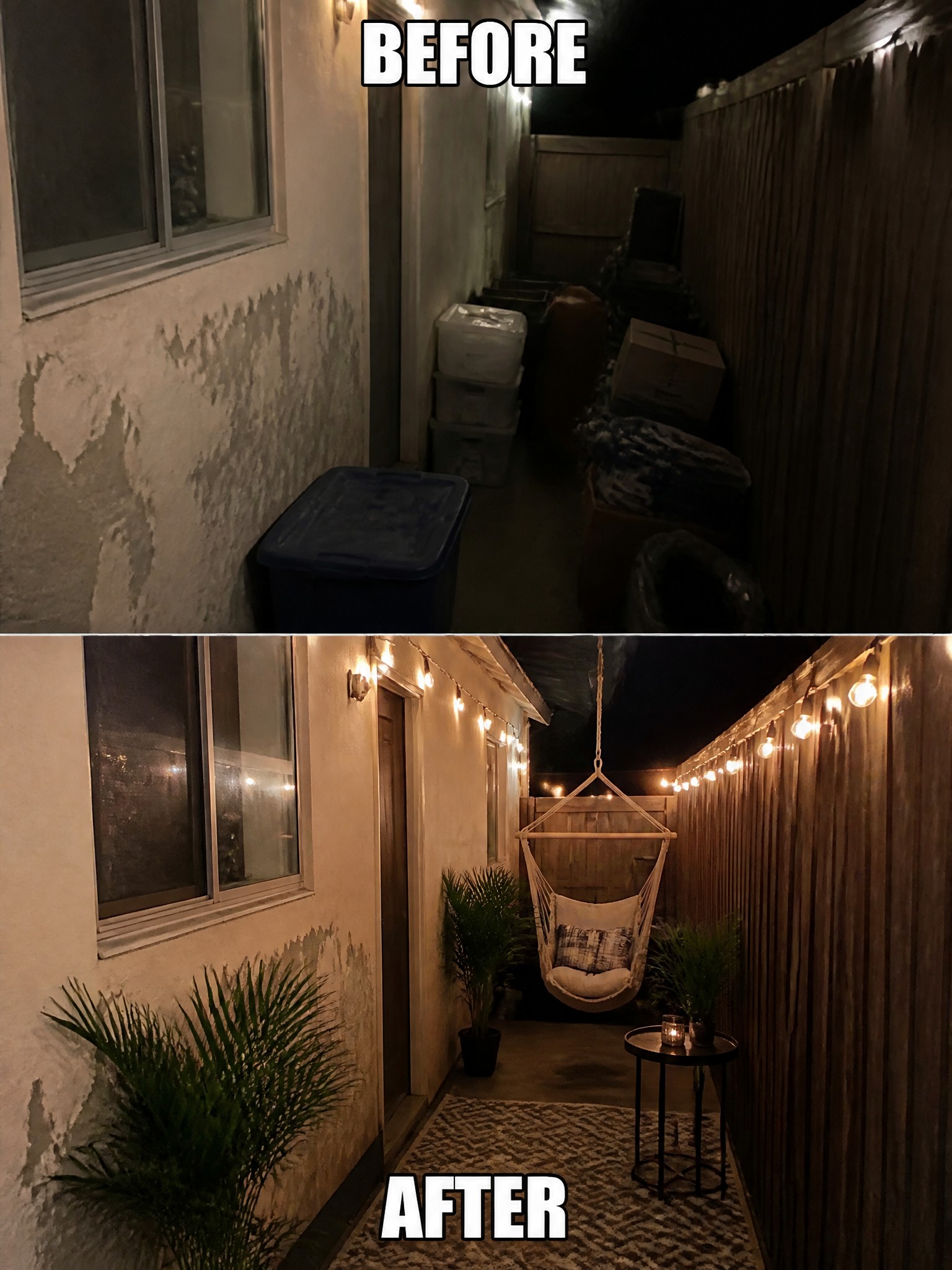 Before-and-after image of a cluttered narrow side yard transformed into a furnished outdoor seating area with a hammock chair, string lights, rug, and potted plants.