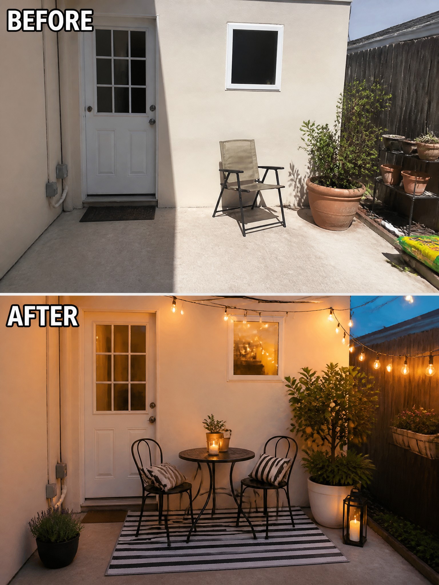 Before-and-after image of a bare concrete side yard transformed into a furnished outdoor seating area with a striped rug, string lights, table and chairs, and added plants.